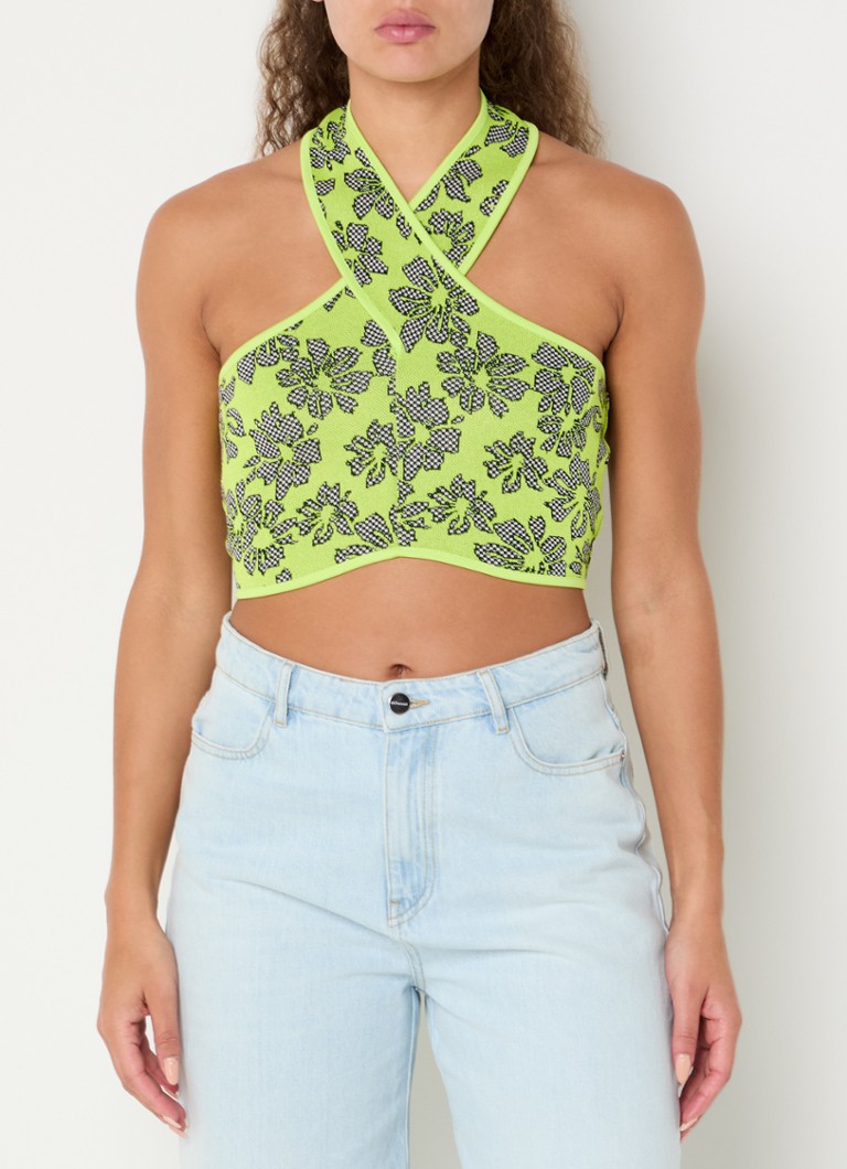 Top corto a collo alto in maglia fine con stampa floreale del marchio Refined Department