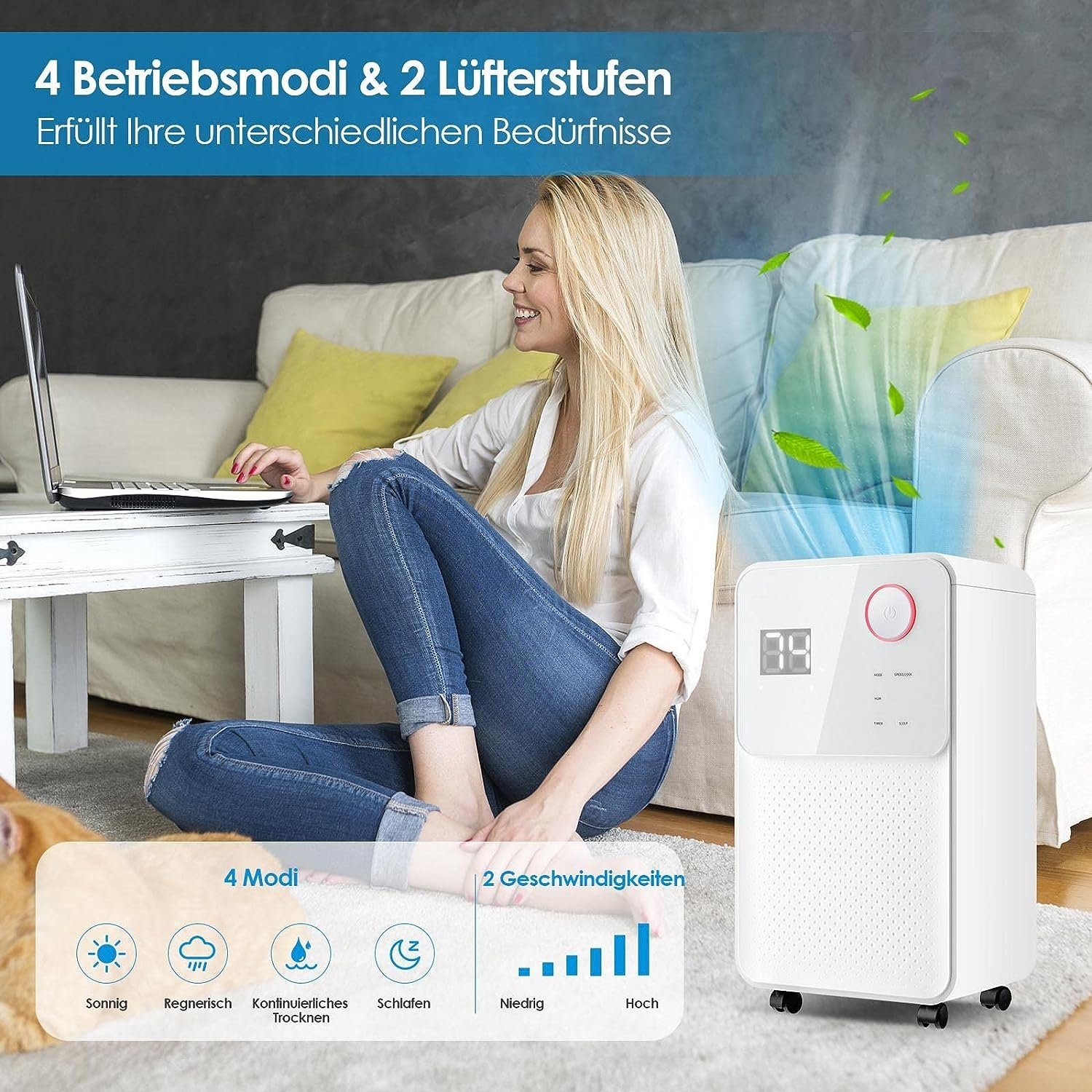 KOMFOTTEU Luftentfeuchter, für 15 m³ Räume, Entfeuchtung 12,00 l/Tag, Tank 2,00 l