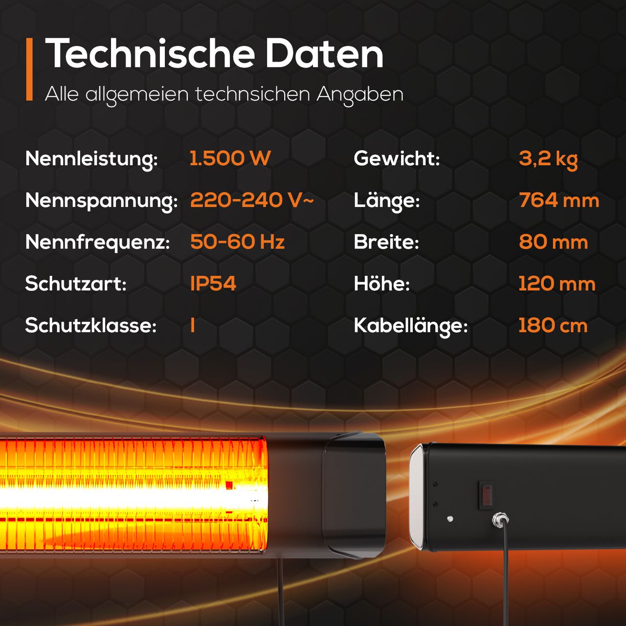 TroniTechnik TroniTechnik® Karbon Heizstrahler 1500W (3000W Leistung), 3 Stufen, Wärmelampe, 60 Grad neigbar