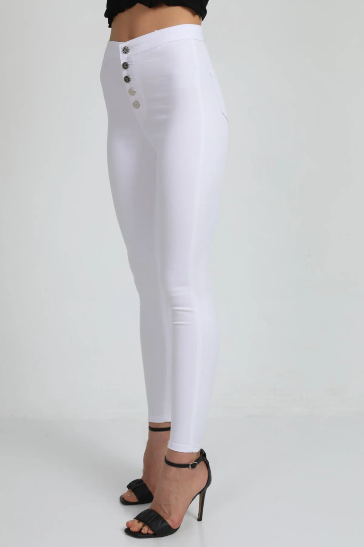 BİKELİFE  Weiße Damen-Leggings mit hoher Taille und schmalem Bein und Knöpfen