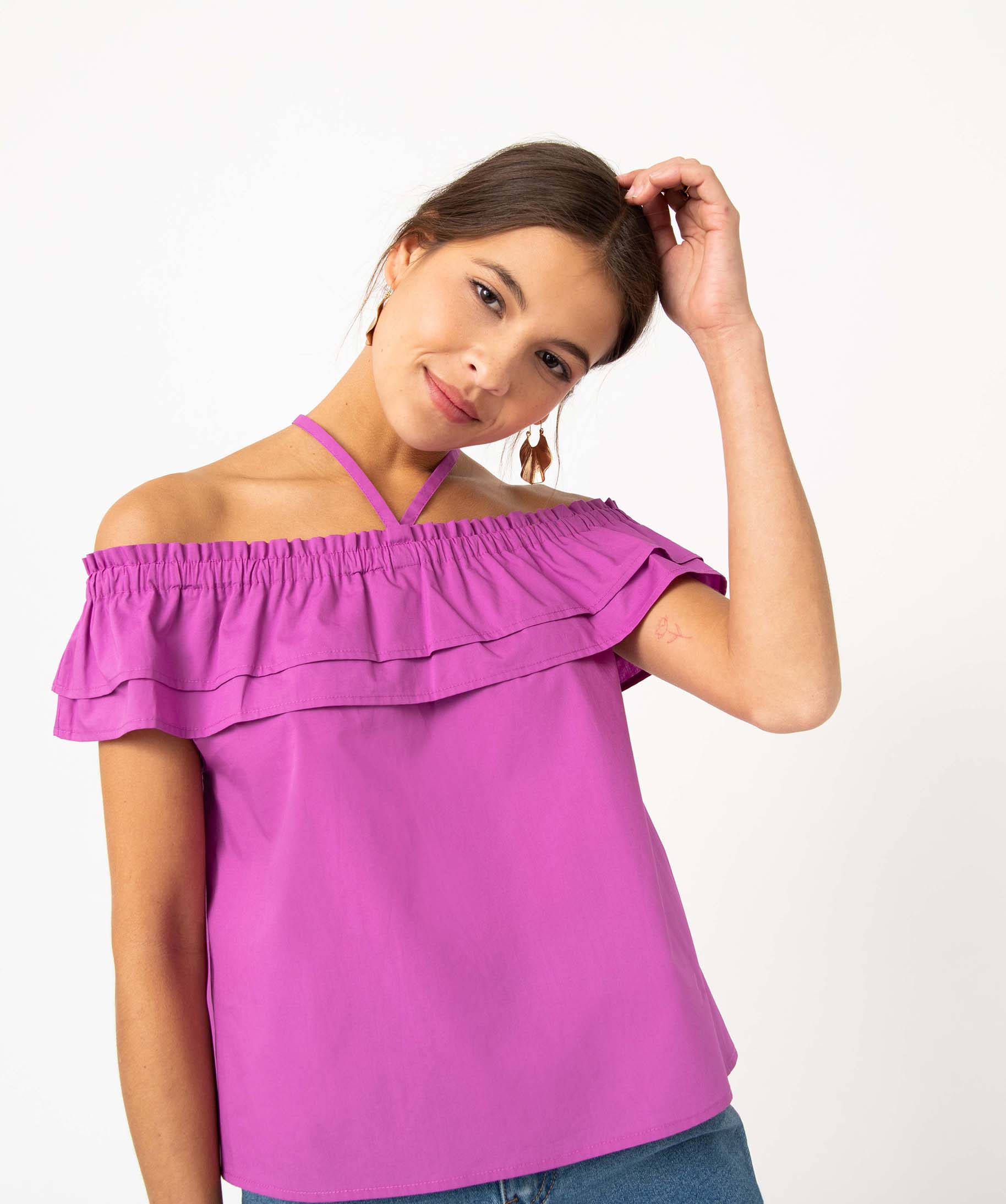Blouse femme col Bardot à volants et liens fantaisie violet | GEMO