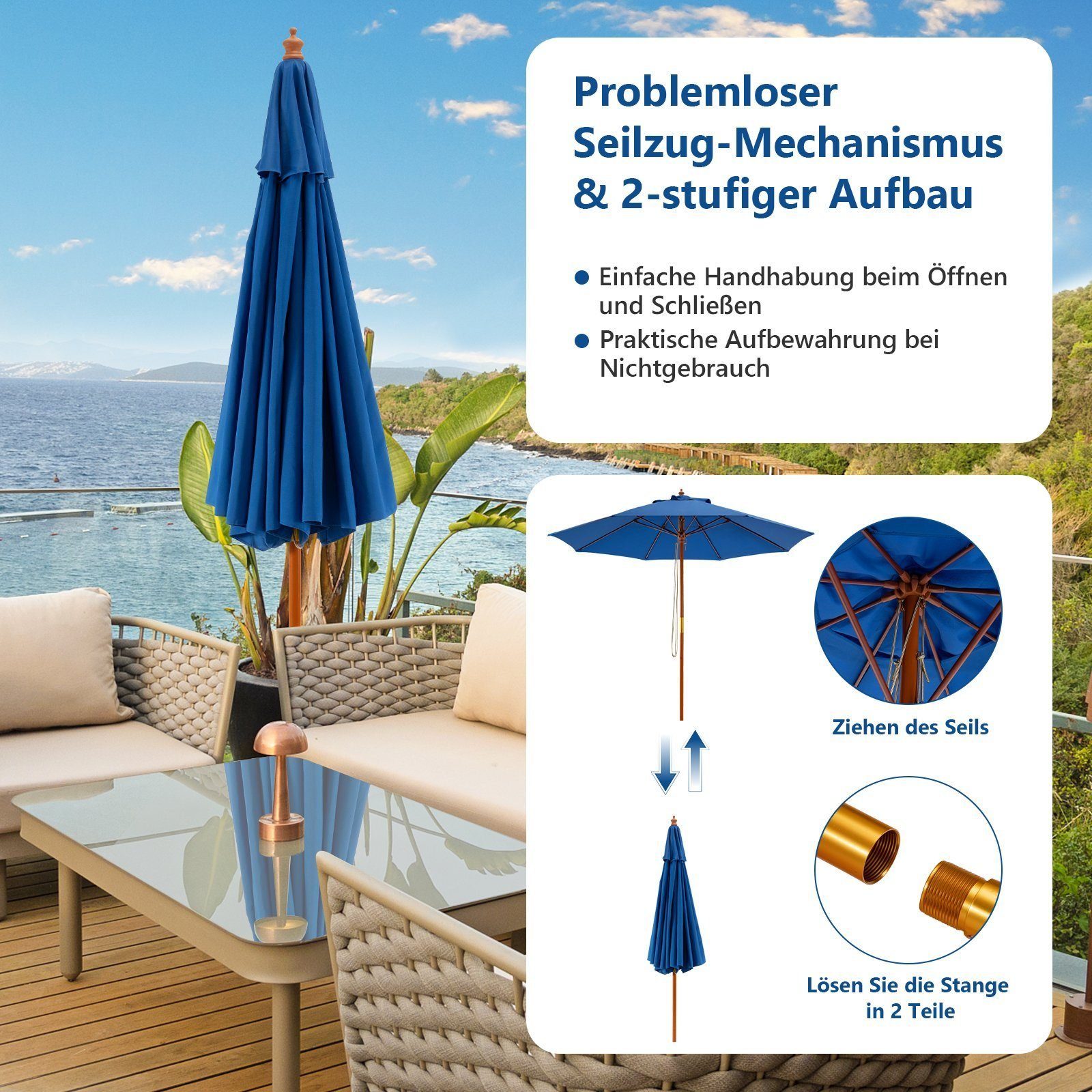 KOMFOTTEU Sonnenschirm Höhenverstellbarer Gartenschirm 260 cm, Holz