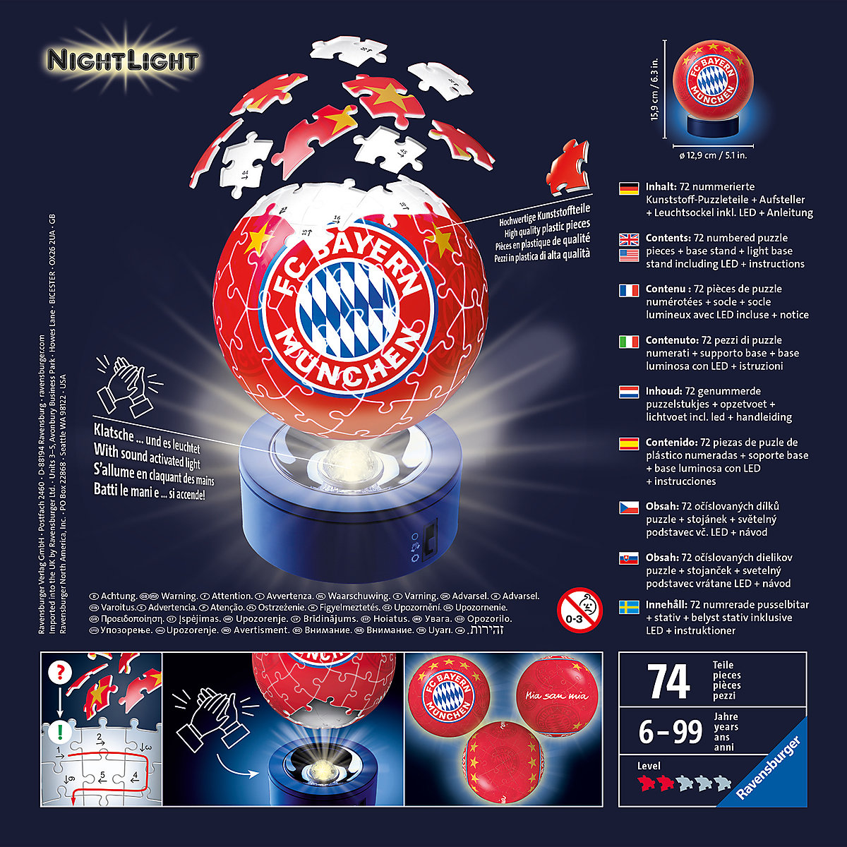 2in1 Nachtlicht & puzzleball® Ø13 cm, 72 Teile , FC Bayern München