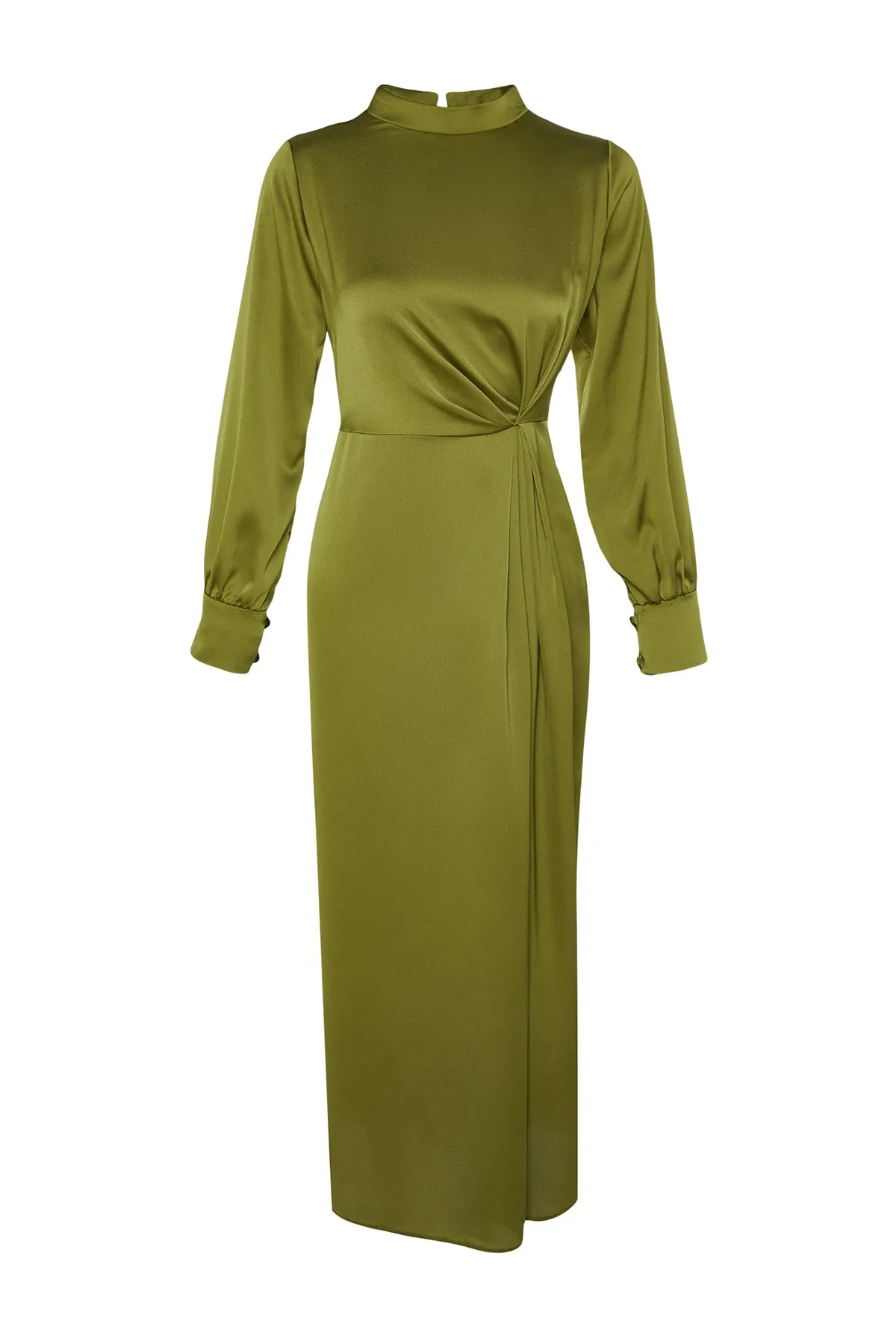 Trendyol Modest  Khakifarbenes Satin-Abendkleid mit geraffter Taille TCTSS23DB00043