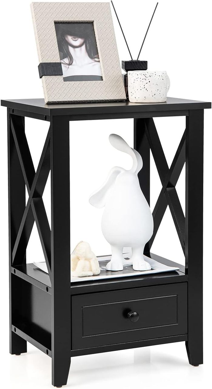 Costway 2 Ebenen Nachttisch mit Schublade, Beistelltisch Holz