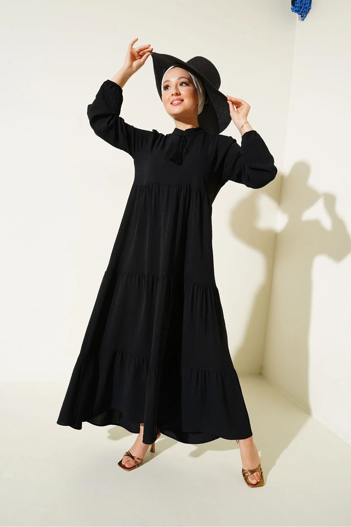 Bigdart  1627 Hijab-Kleid mit Kragen und Schnürung, Ramadan-Kollektion – Schwarz