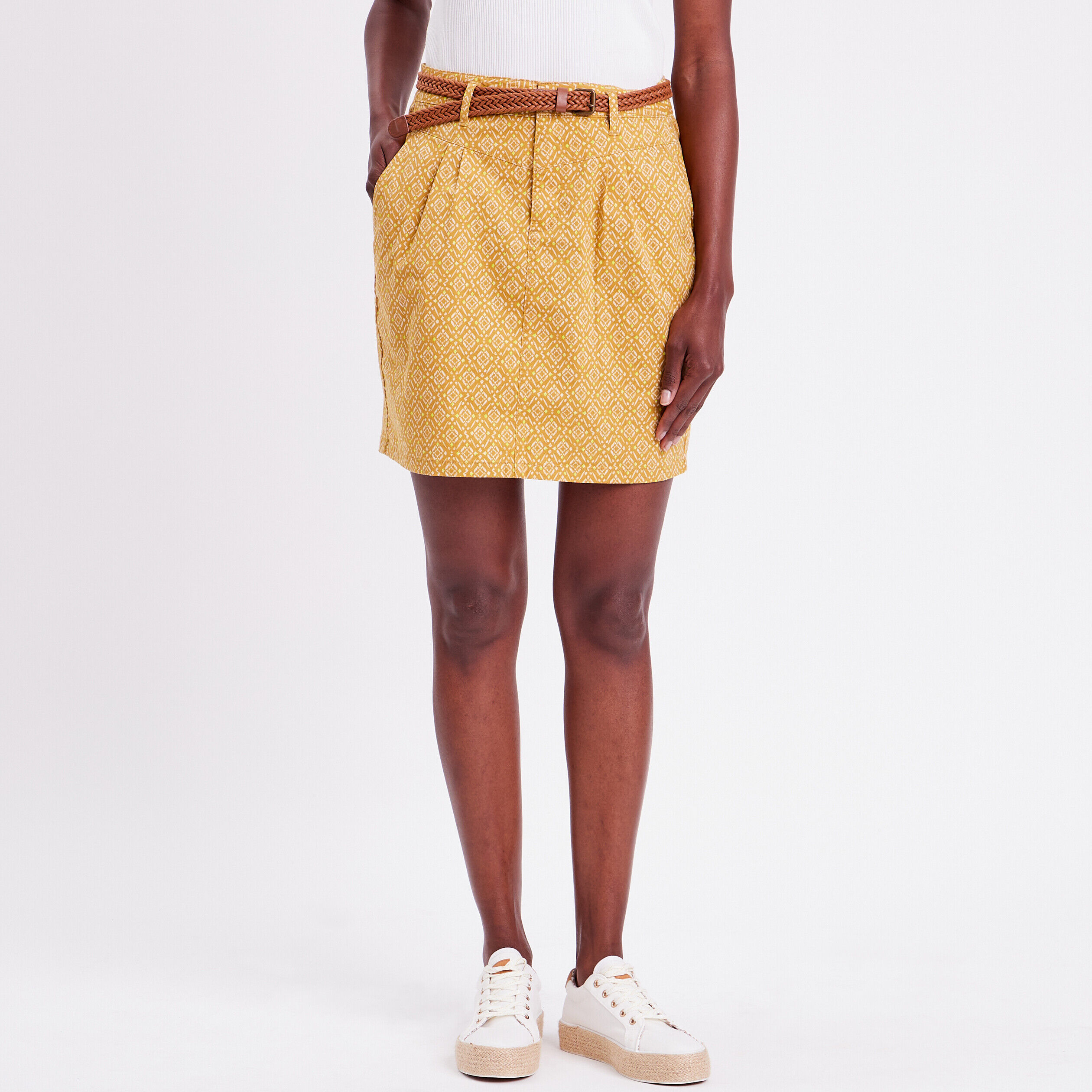 Jupe chino droite ceinturée jaune moutarde femme | Cache Cache