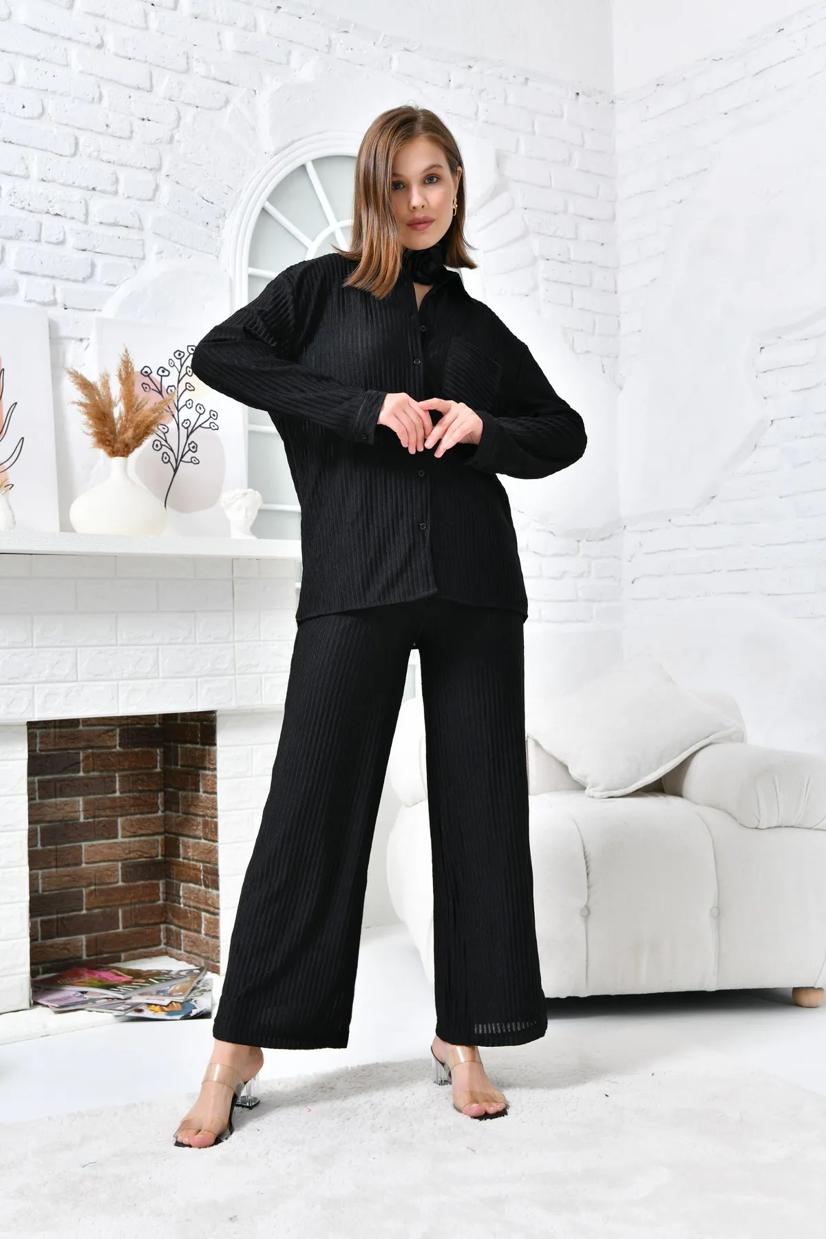 VOLT CLOTHİNG  Damen-Hosenset mit weitem Bein und Brusttasche