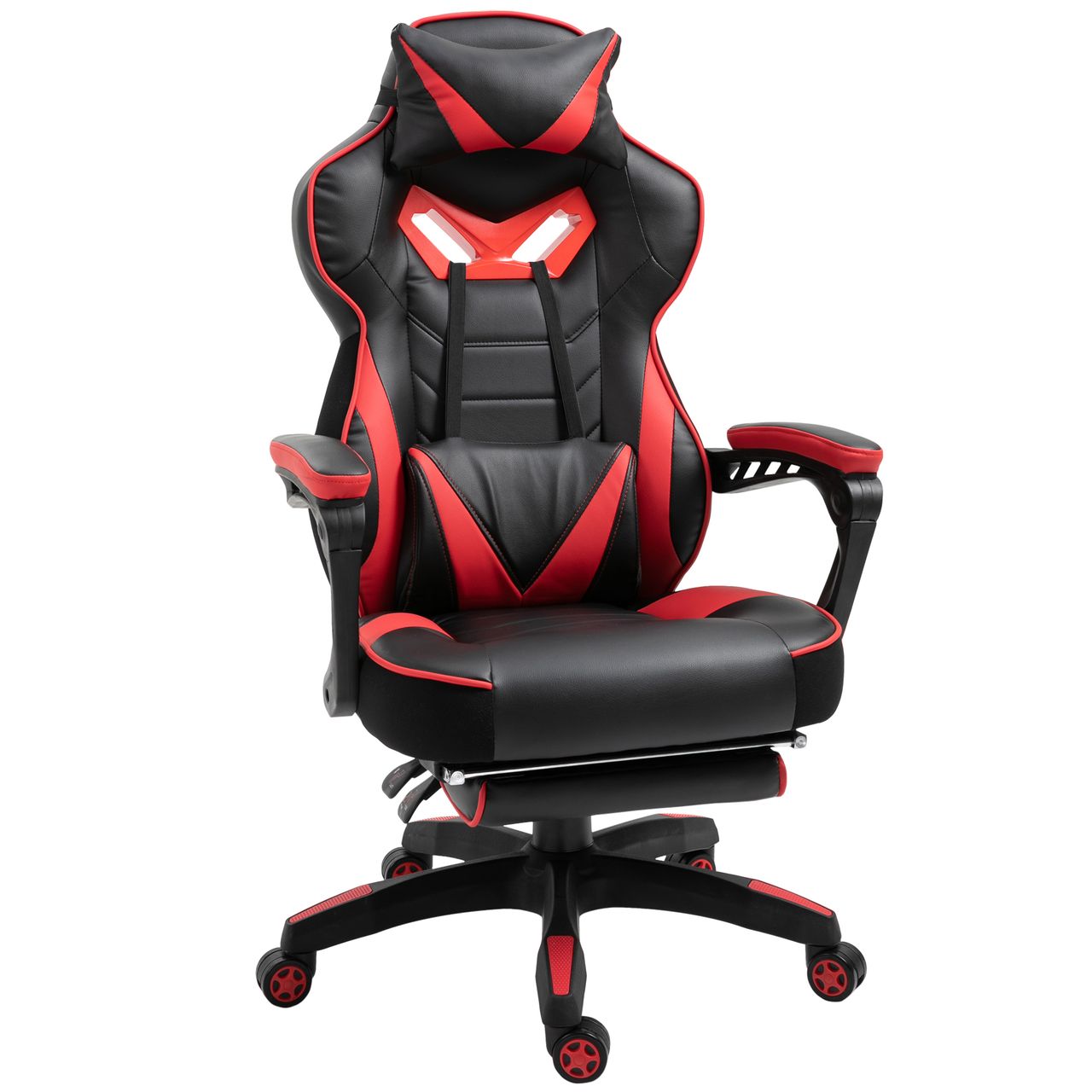 Vinsetto Ergonomischer Bürostuhl, Gaming Stuhl, Drehstuhl mit einziehbare Fußstütze und verstellbarer Rücken Schaumstoff PU-Leder Metall, Schwarz Rot, 65 x 70 x 118,5-128,5 cm