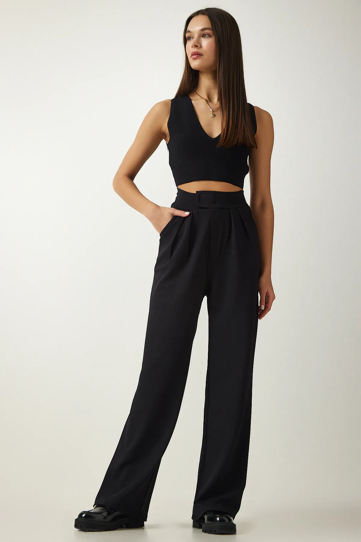 Happiness İstanbul  Bequeme Palazzo-Hose für Damen in Schwarz mit Klettverschluss am Bund Lİ00113