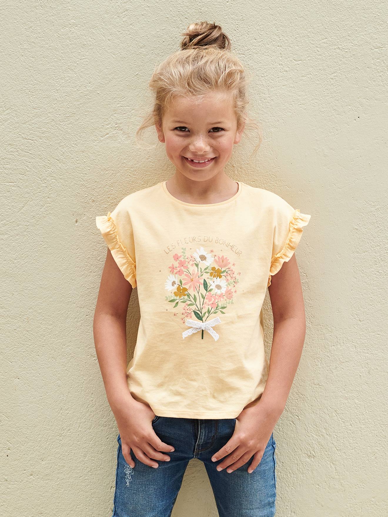 Vertbaudet Mädchen T-Shirt mit Volantärmeln - dunkelrosa