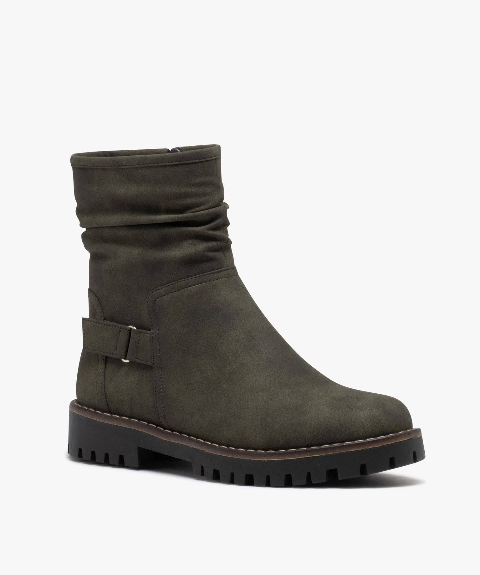 Boots femme à talon plat dessus uni avec col plissé kaki | GEMO