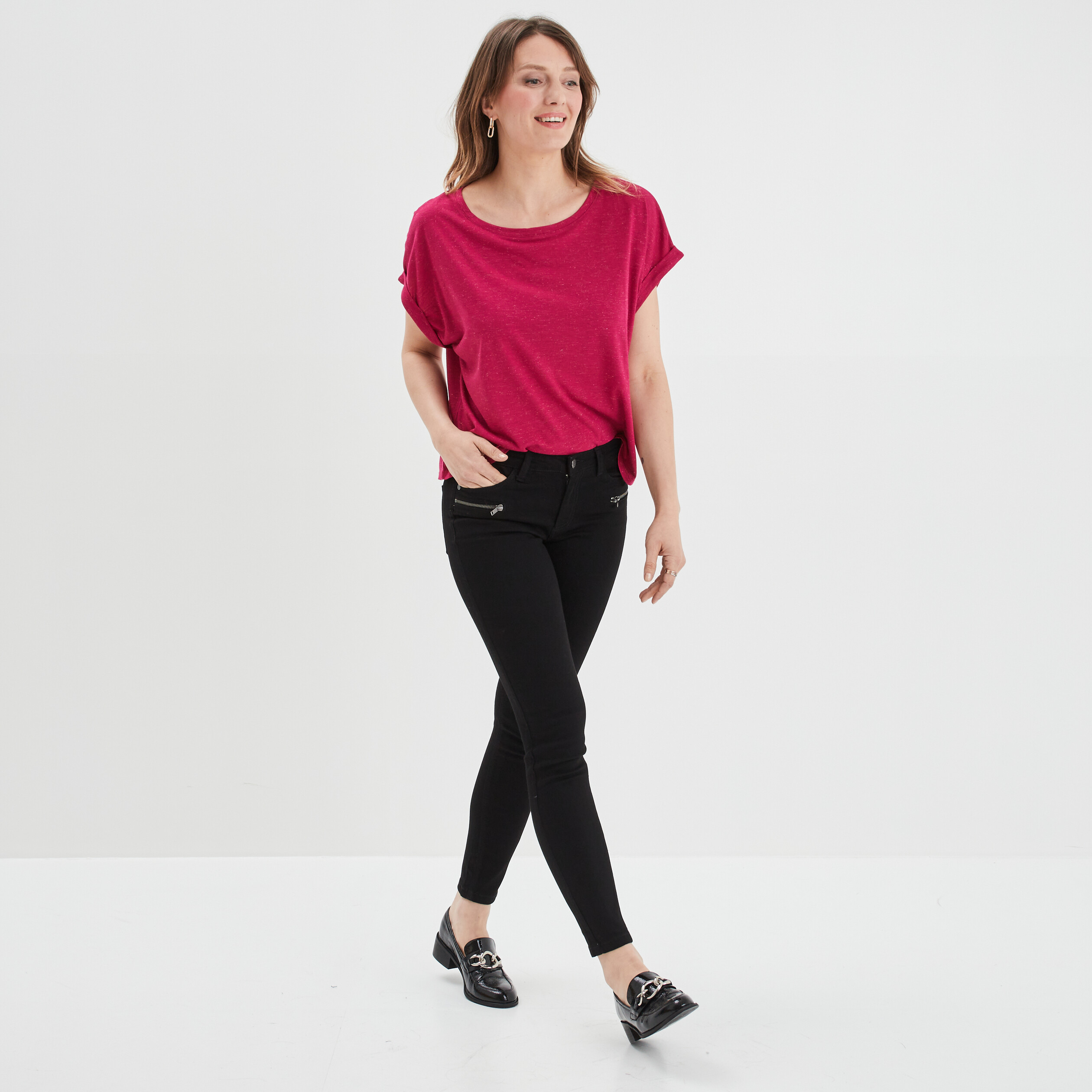 T-shirt manches courtes fils métallisés rose framboise femme | La Halle