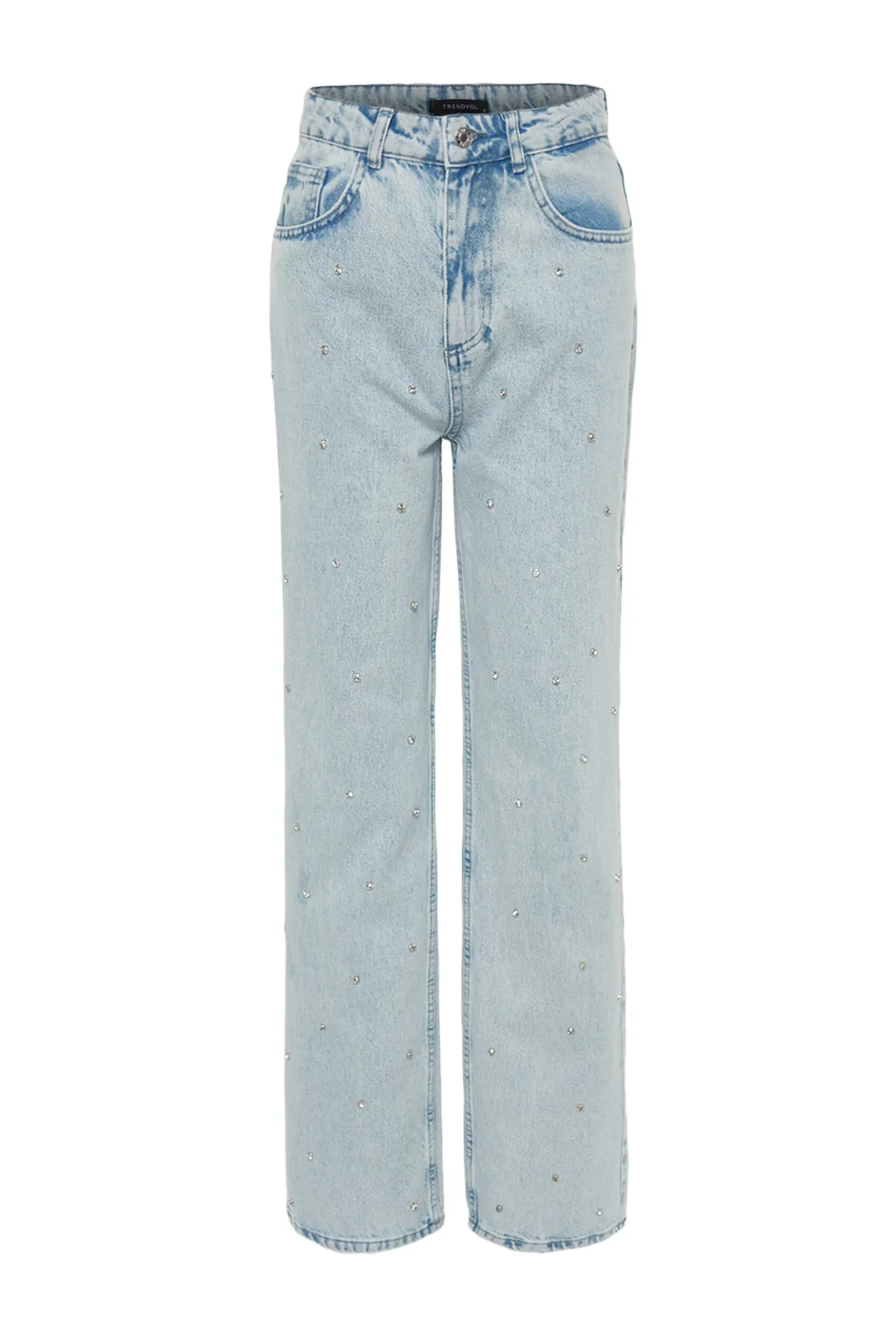 Trendyol Collection  Hellblaue Jeans mit hoher Taille und weitem Bein und Steindetail TWOSS23JE00053