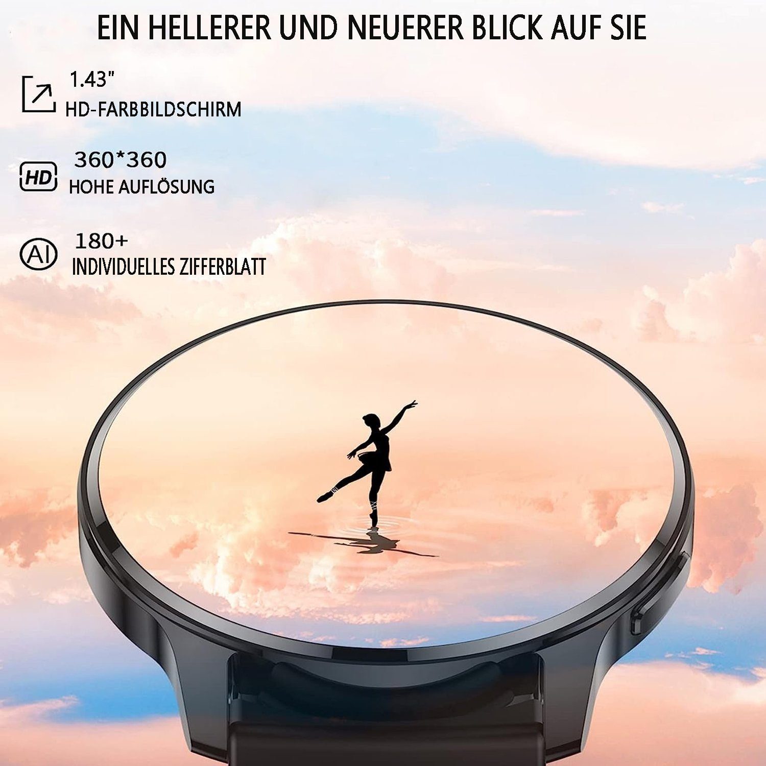 Mutoy Smartwatch,Blutzucker Smartwatch,Smartwatch Damen Herren Smartwatch (1,43 HD Voll Touchscreen Zoll) IP67 Wasserdicht Fitness Tracker mit Schrittzähler Pulsuhr Blutzucker Sauerstoff Messgerät,Schlaf-Monitor, SpO2,100+ Sportmodi Outdoor Fitness T