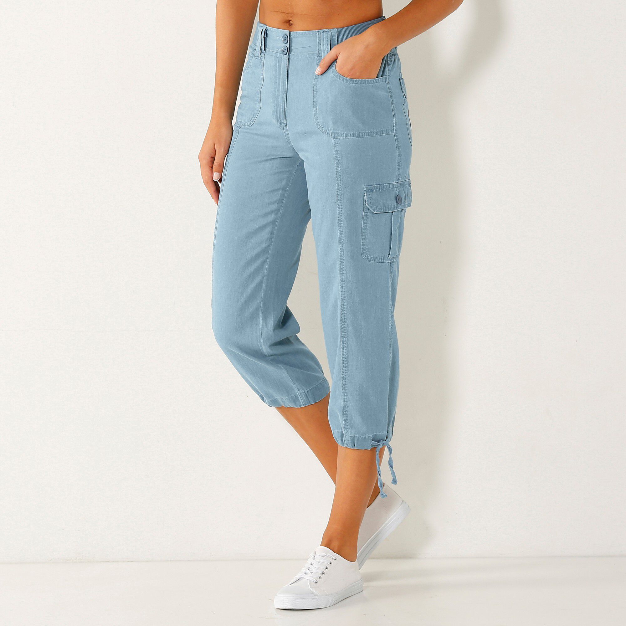 Pantacourt denim ceinture maille
