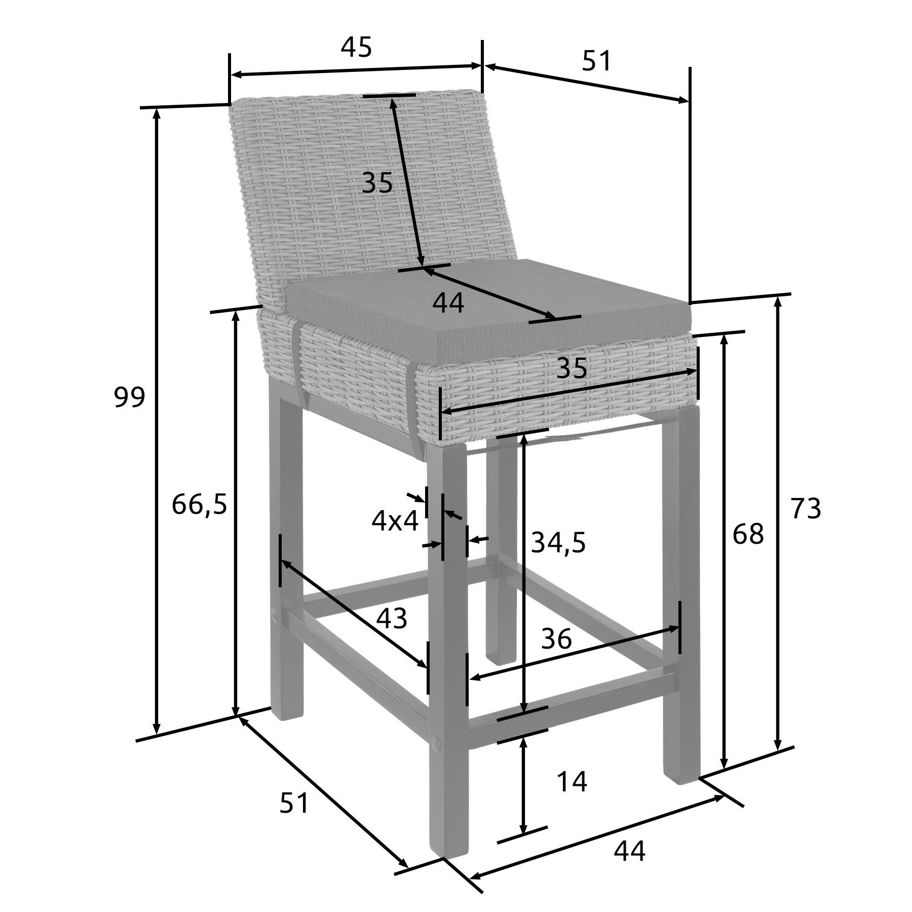 tectake Rattanstuhl Latina (1er, 1 St), UV-Beständig