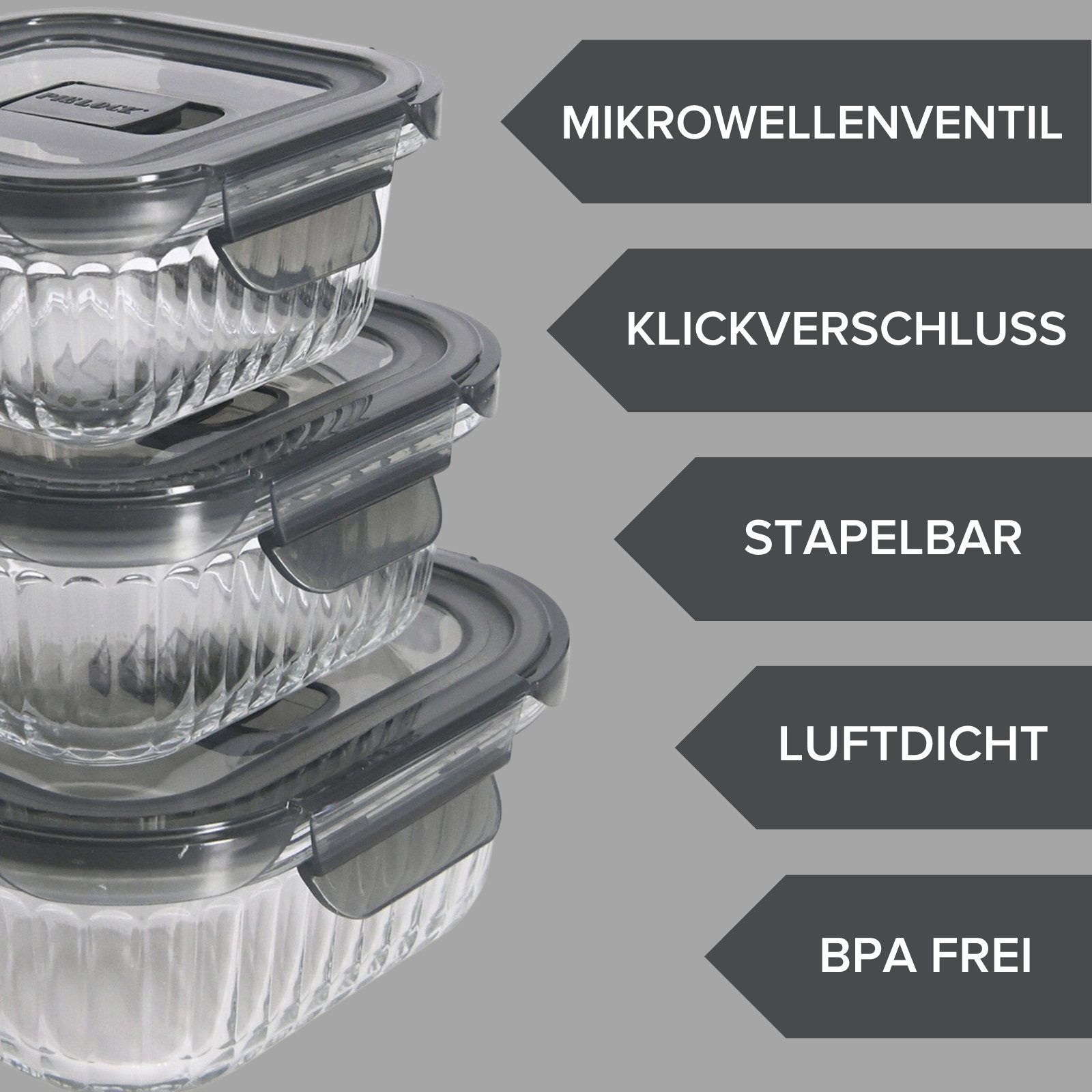 PIE LOCK Vorratsdose Vorratsdosen Glas mit Deckel - Frischhaltedosenset, Borosilikatglas, (PIE LOCK, 3 tlg. quadratisch, Vorratsdosen-Set, Borosilikatglas, Mikrowellendeckel, 320ml, 520ml, 800ml, stapelbar, Frischhaltedose, Brotdose, Meal Prep, 6-tlg