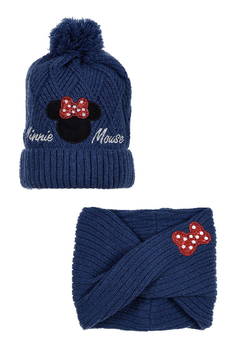 Minnie Mouse Bommelmütze Kinder Mädchen Winter-Set Mütze und Loop Mini Maus (SET)