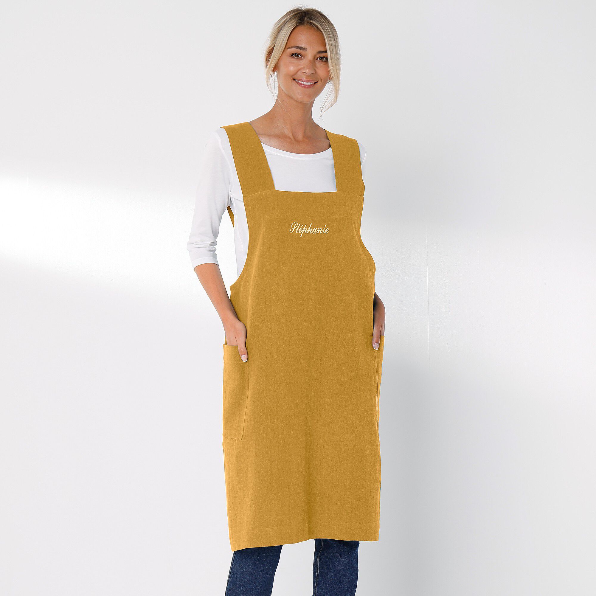 Tablier de cuisine japonais coton et lin uni personnalisable