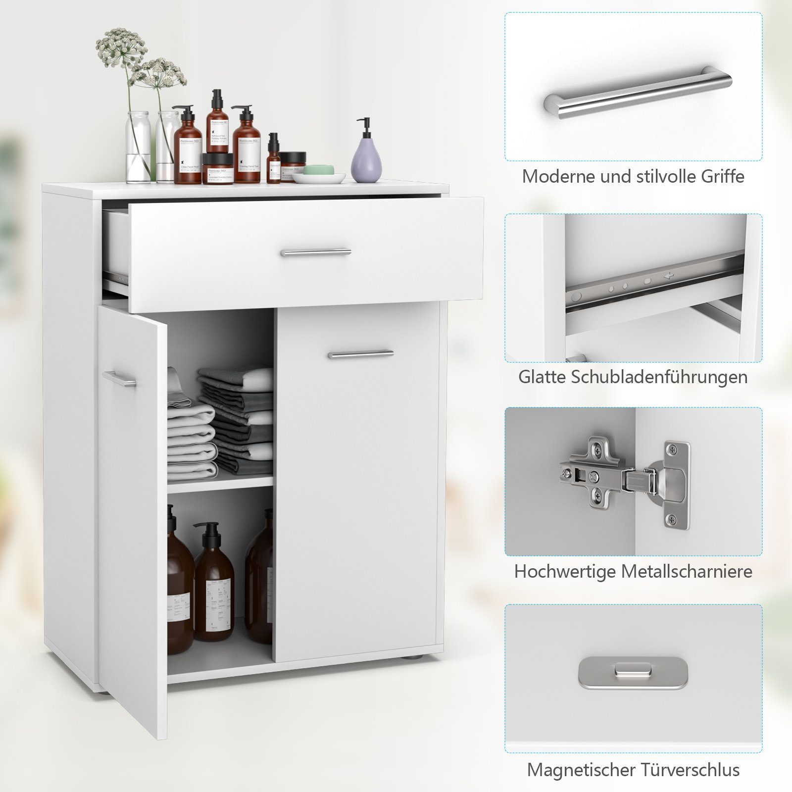COSTWAY Badkommode, mit Schublade und Unterschrank, 60x29x82cm, weiß