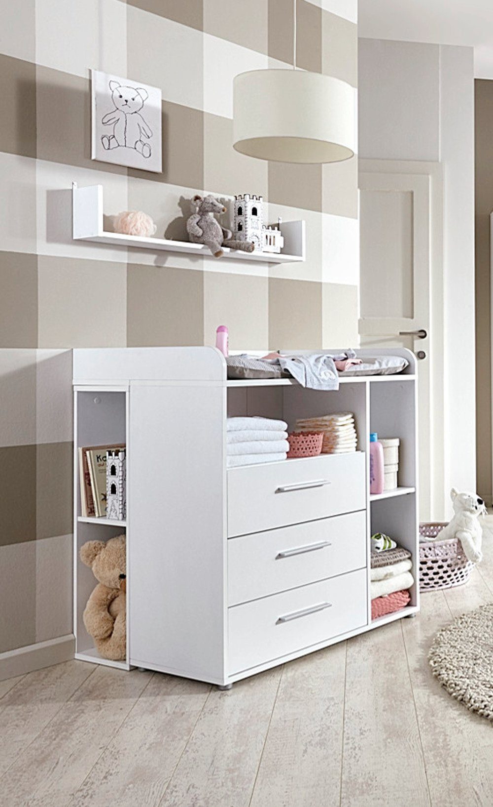 moebel-dich-auf Babyzimmer-Komplettset KIM 6, (in weiß, Babybett + Wickelkommode + Unterbauregal-Set), optional mit Matratze, Umbauseiten-Set oder Textil-Set