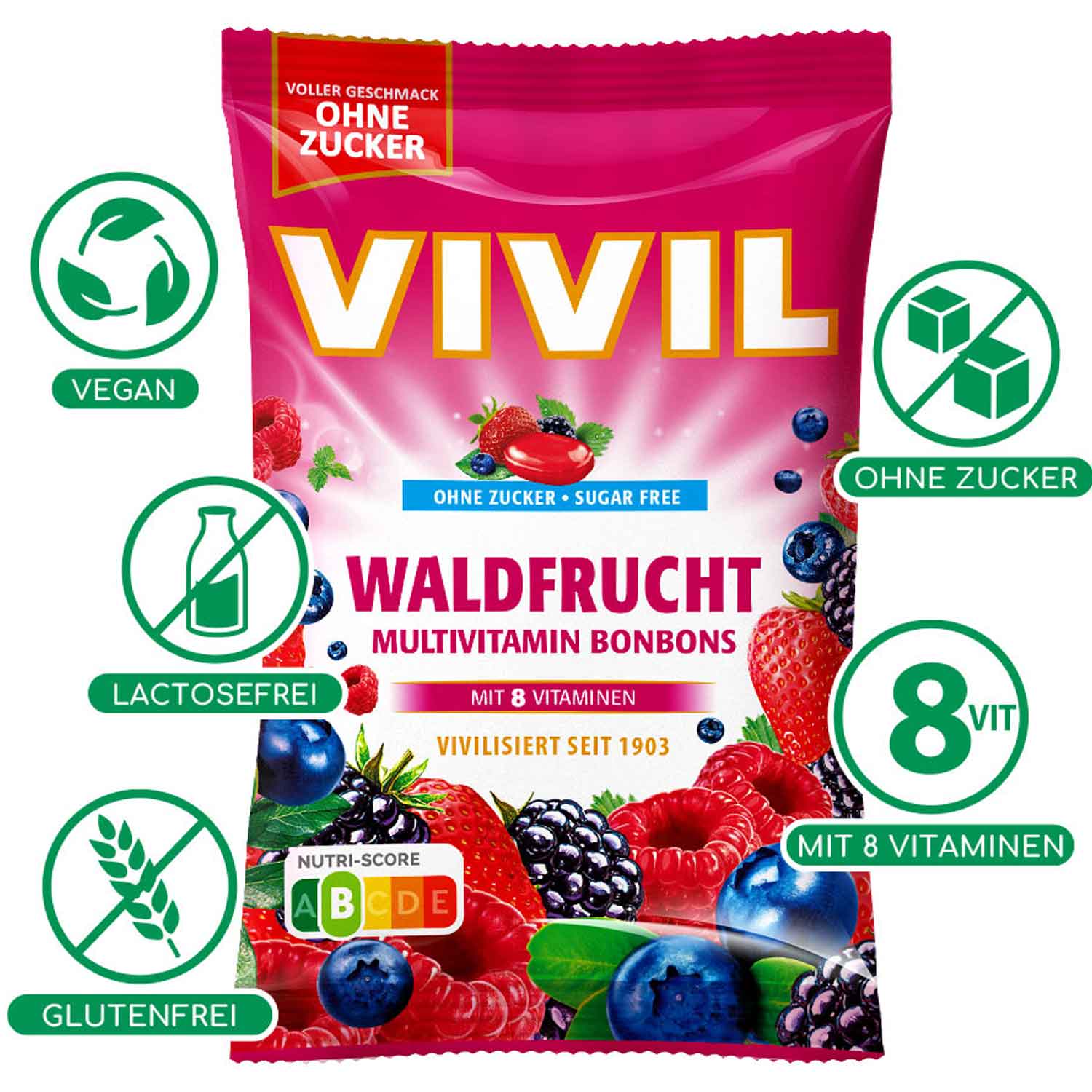 Vivil Multivitamin Bonbons Waldfrucht ohne Zucker 120g