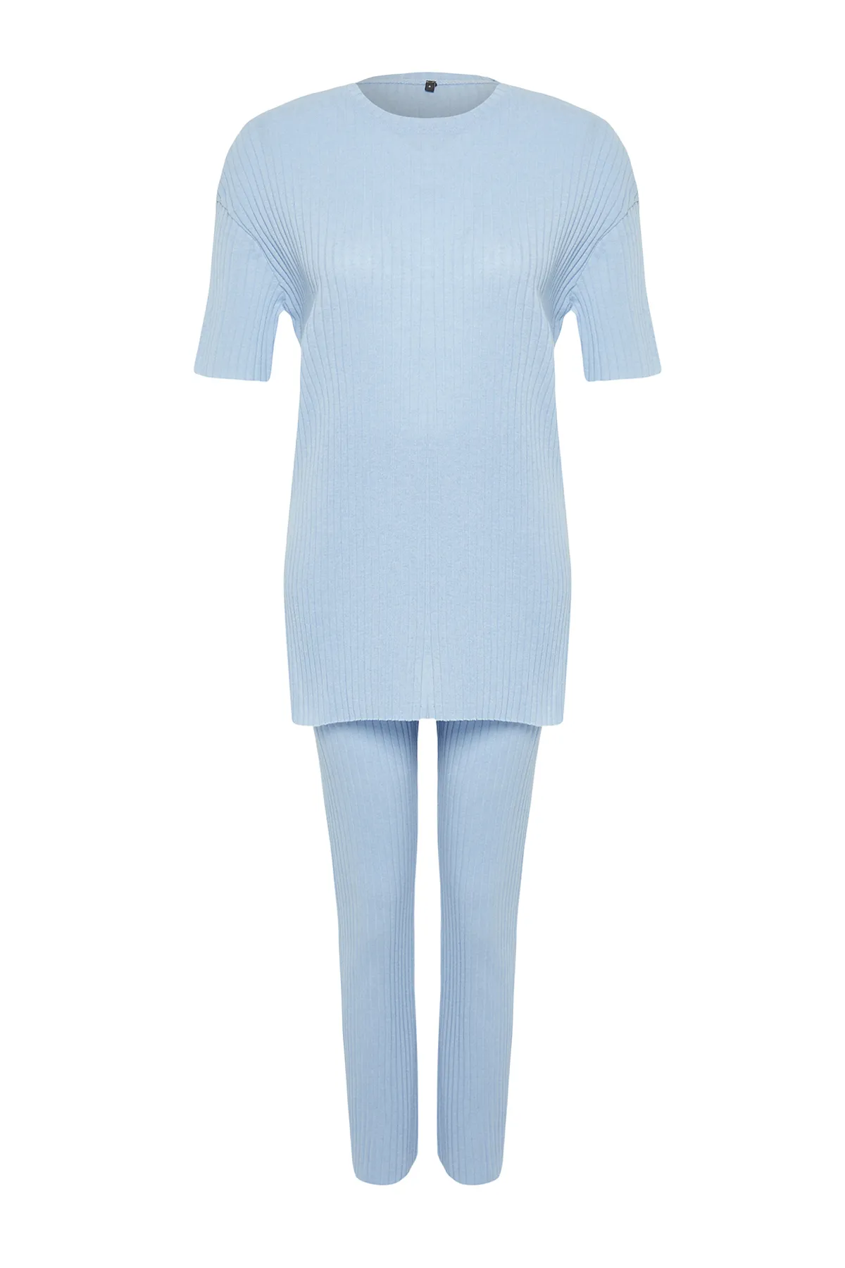 Trendyol Collection  Blaues, gestricktes Pyjama-Set aus schnurgebundener Baumwolle mit Schlitz und detailliertem Muster THMSS24PT00178