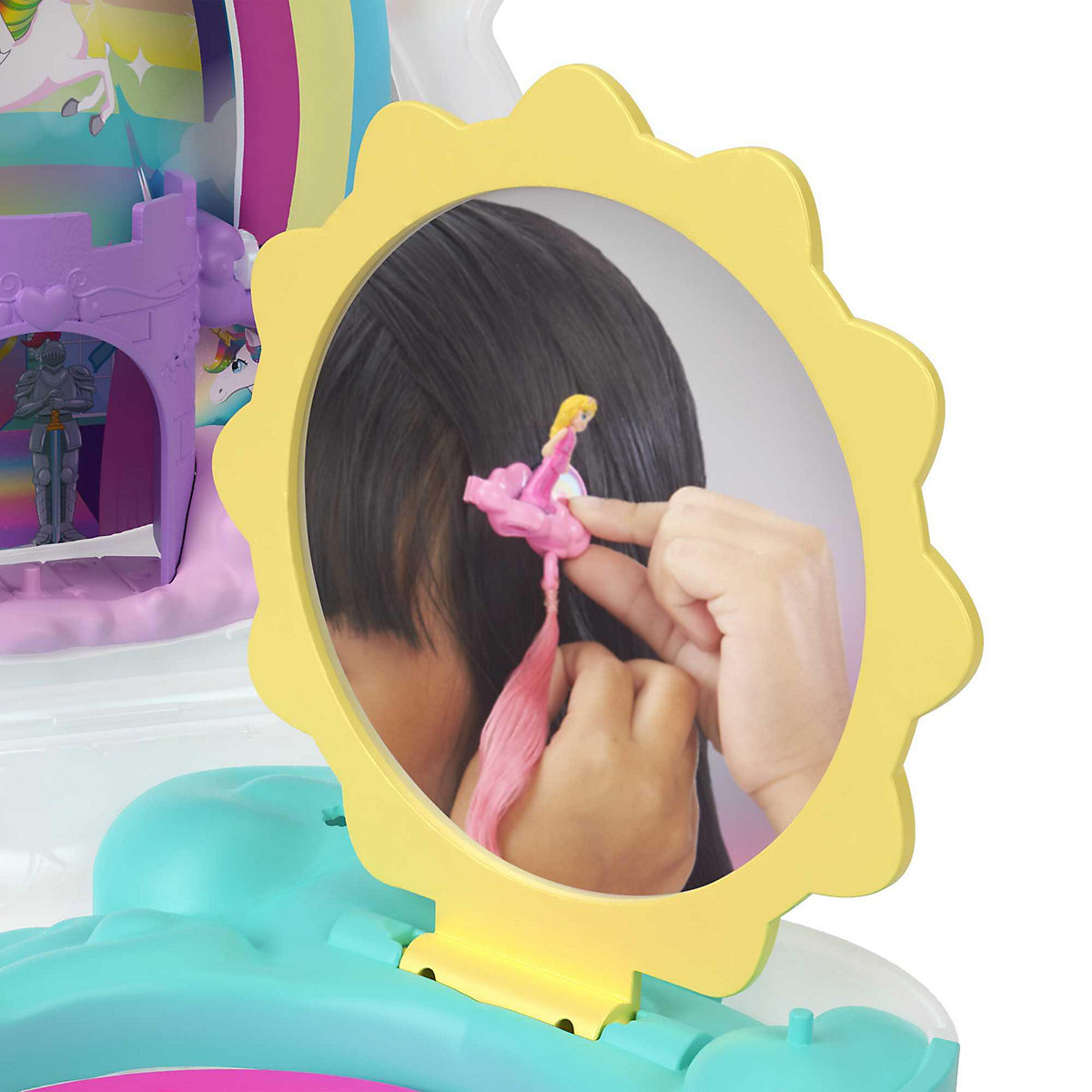Polly Pocket Mini-Spielzeug, Regenbogen-Einhorn-Salon-Spielset mit 2 Puppen und über 20 Zubehörteilen