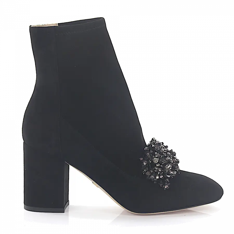 Elie Saab - Stiefeletten Kalbsleder Stretch Veloursleder Schmuckstein schwarz - schwarz