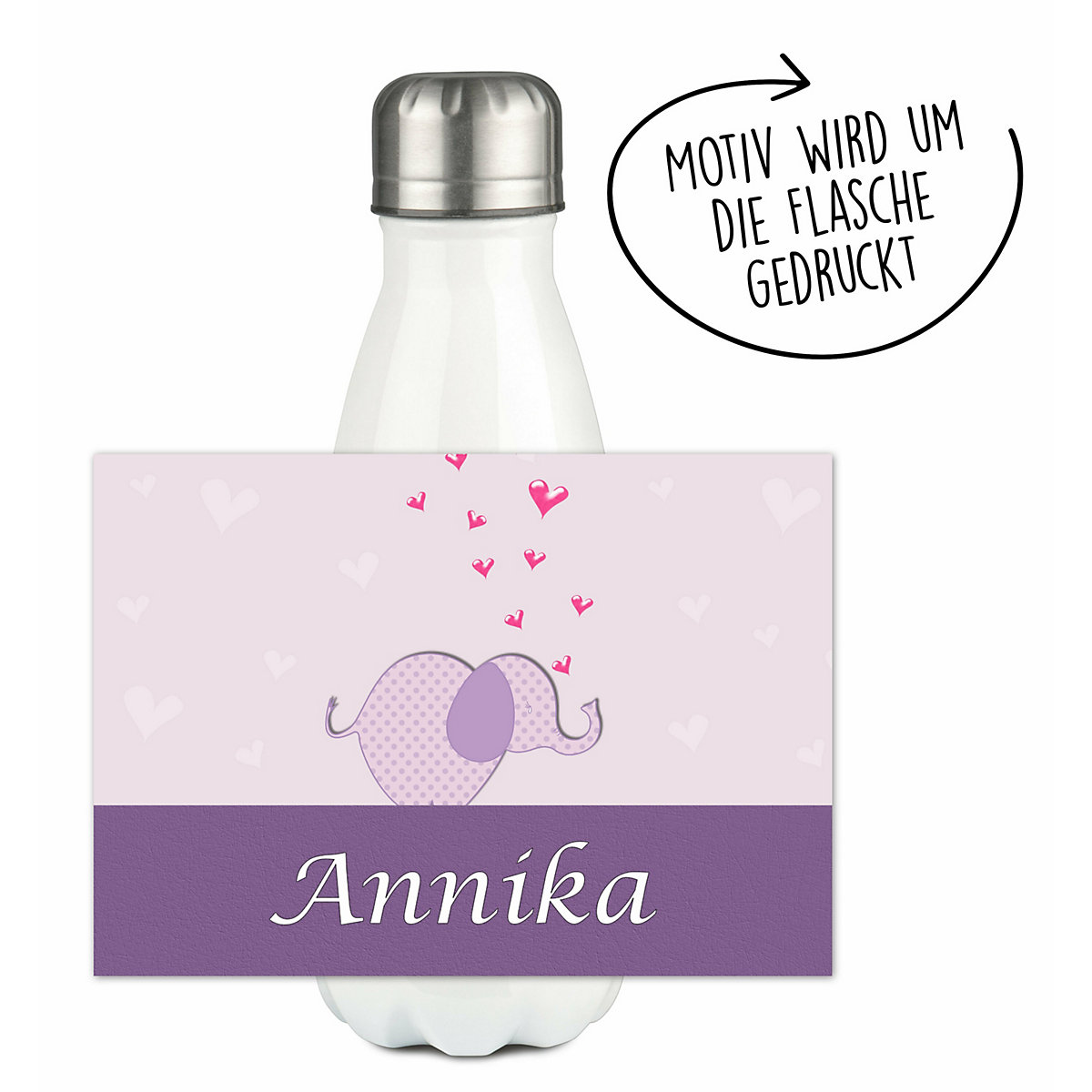 Edelstahl Kinder Thermoflasche / Trinkflasche bunt Elefant Farbe lila Spülmaschinenfest, Auslaufsicher, Bruchfest, Doppelwandig, Für Heißgetränke geeignet, Mit Deckel, Isoliert