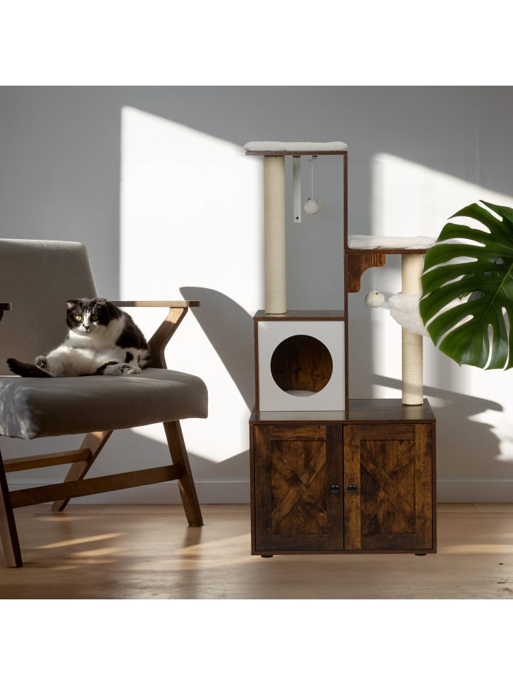 relaxdays Kratzbaum mit Katzenklo in Dunkelbraun/ Weiß - (B)95 x (H)128 x (T)52 cm günstig kaufen onesize