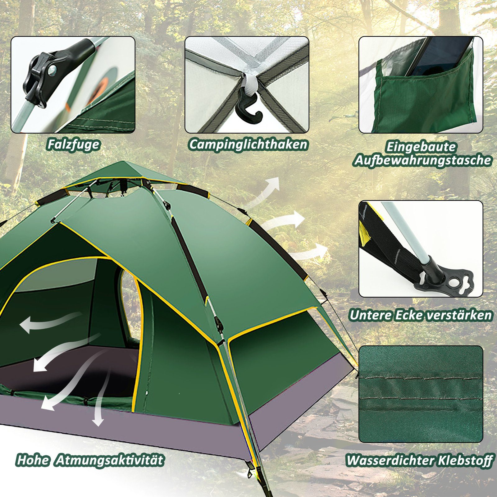 CALIYO Kuppelzelt 2-3 Personen Pop Up Zelt Camping Zelt Automatisches Sofortzelt, (1 tlg), Doppelschicht Winddichte Ultraleichte Kuppelzelt UV Schutz