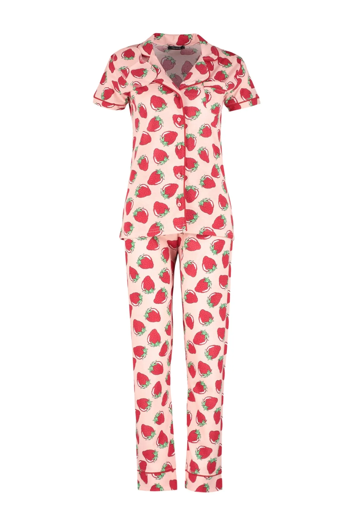 Trendyol Collection  Rosafarbenes Pyjama-Set aus Strick mit Erdbeermuster und Paspelierung THMSS21PT0784