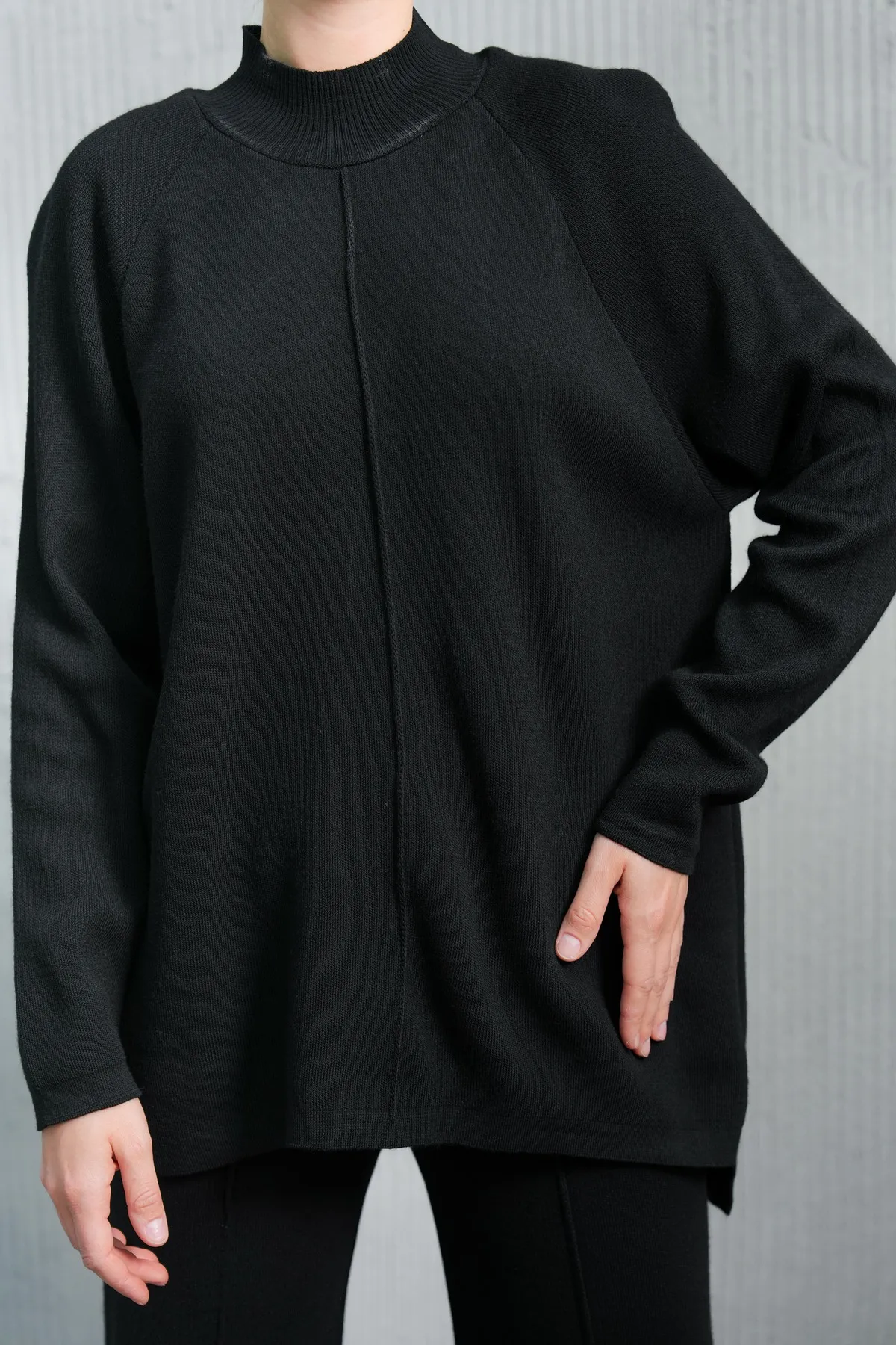 bayansepeti  Flexibler Strickstoff, Stehkragen, langärmliges Oberteil und geschlitzte Beinhose, schwarzes Hijab-Unterteil-Oberteil-Set 1070