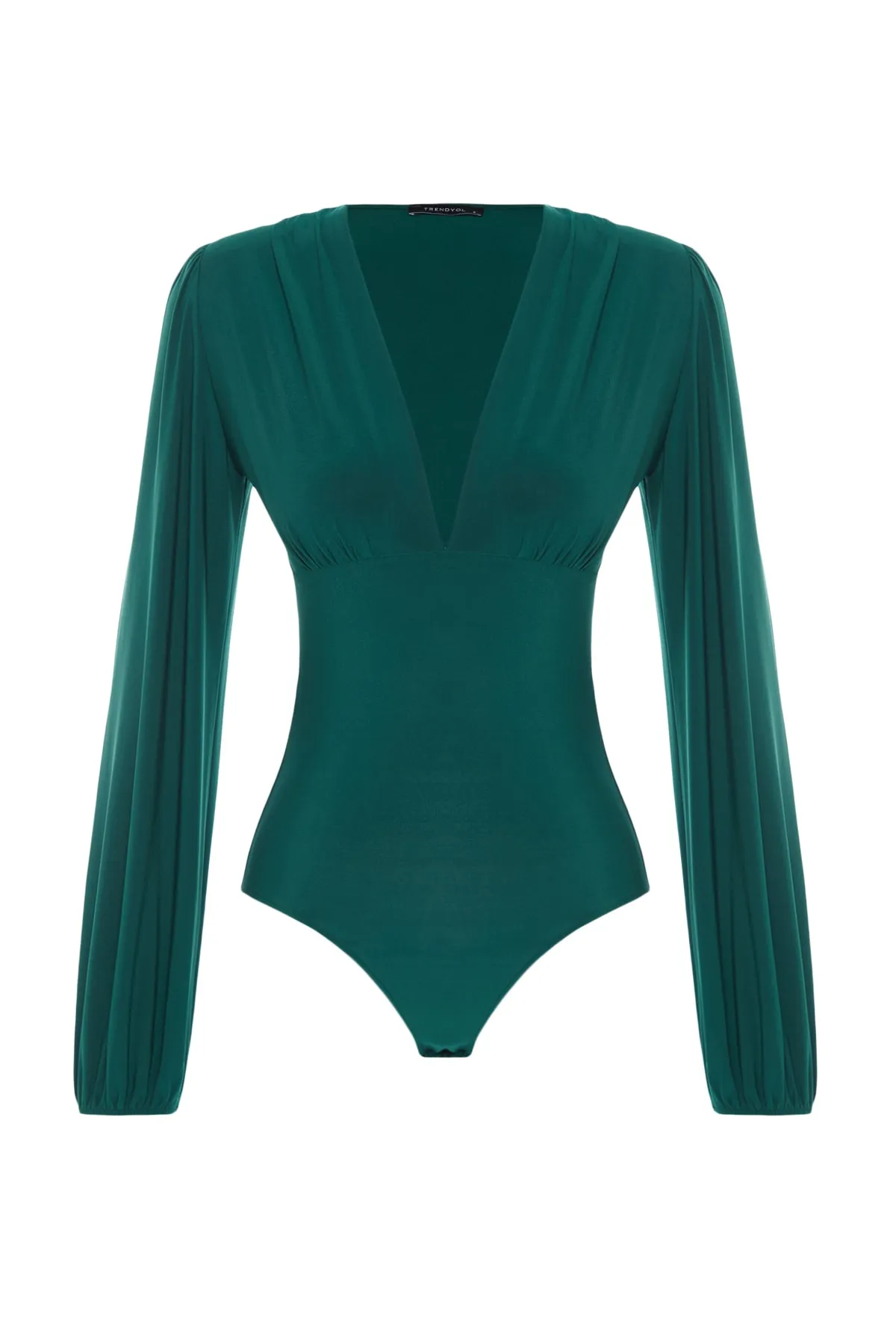 Trendyol Collection  Smaragdgrüner, taillierter/taillierter Stretch-Strickbody mit Ballonärmeln und V-Ausschnitt TWOSS23BD00030