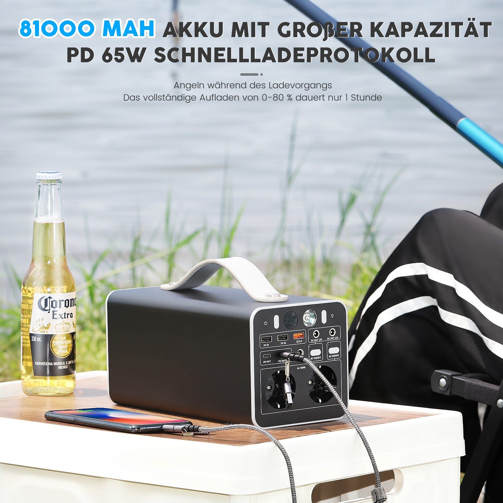 oyajia Stromerzeuger Tragbare Kraftwerk, LiFePO4-Batterie 300Wh/81000mAh 18V Powerstation, 0,30 in kW, mit AC (220–224 V) und DC-Ausgang, PD 65W, für Camping/Reisen/Notfall