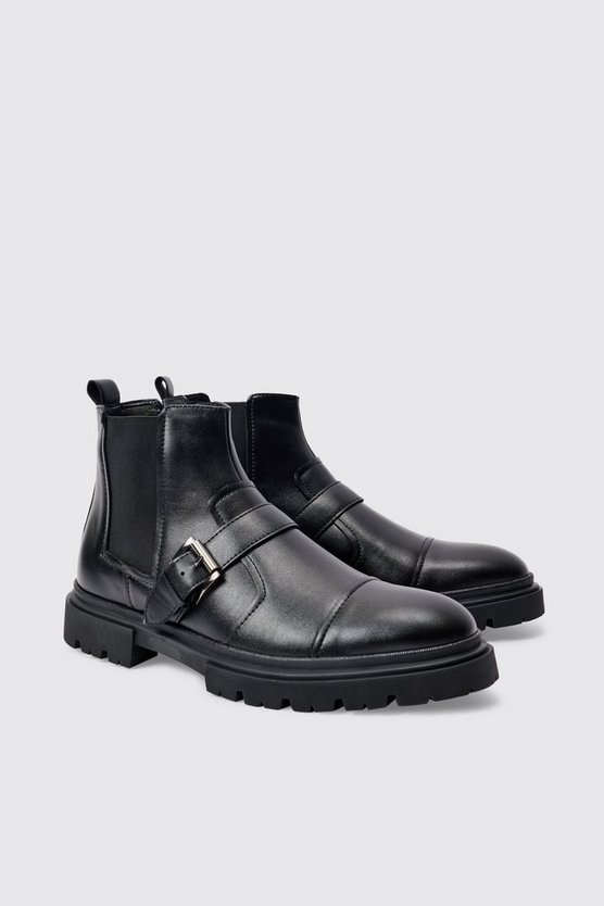 Schwarze PU-Stiefel mit Riemchen-Detail