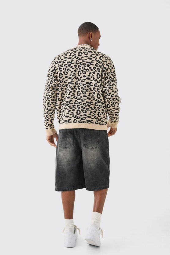 Kastiger Oversize Jacquard-Cardigan mit Leopardenprint