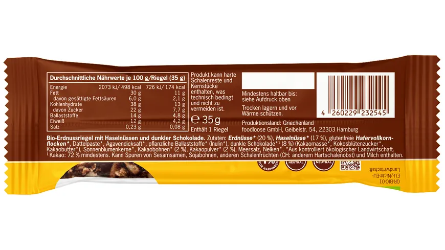 FOODLOOSE Bio-Nut&Choc Nutty Brownie Riegel 35 g