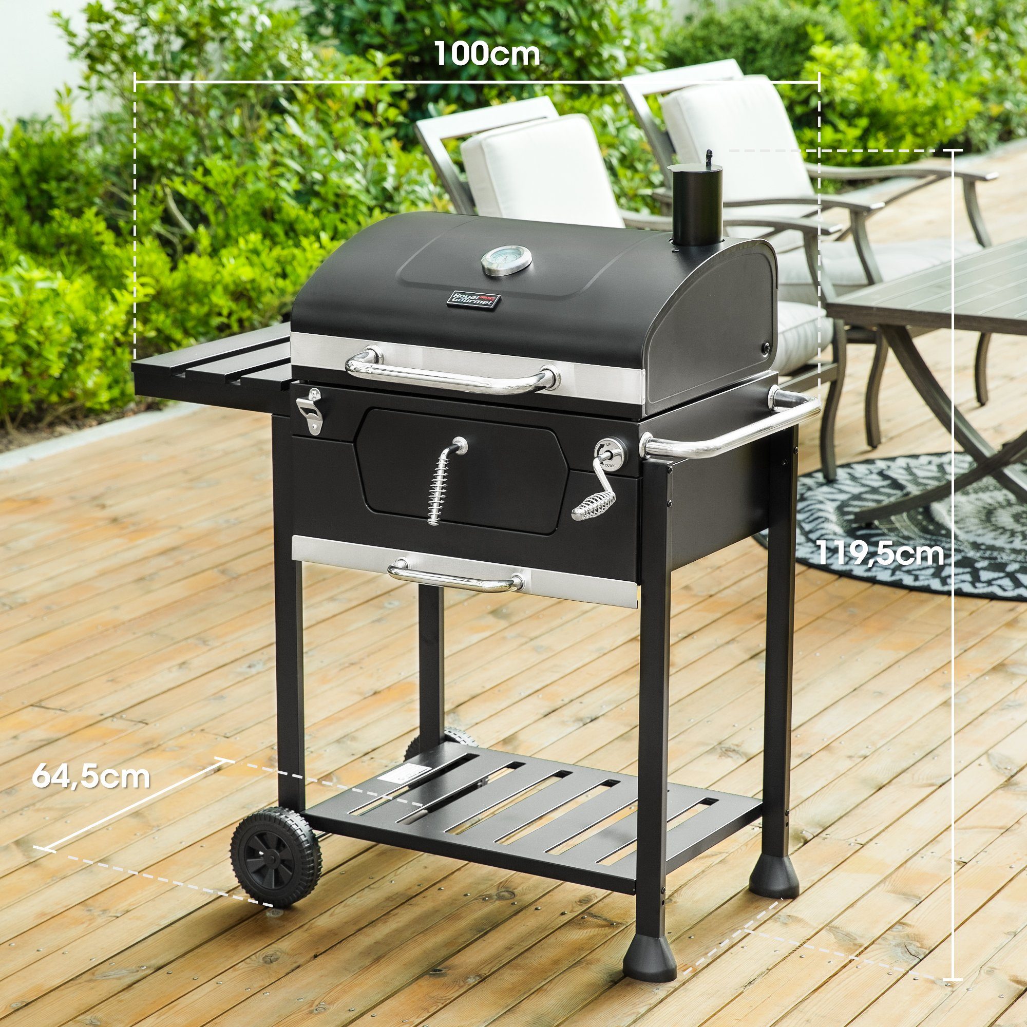 Royal Gourmet Holzkohlegrill, Grillwagen mit Deckel, Standgrill, 100 x 64,5 x 119,5 cm (L x W x H)