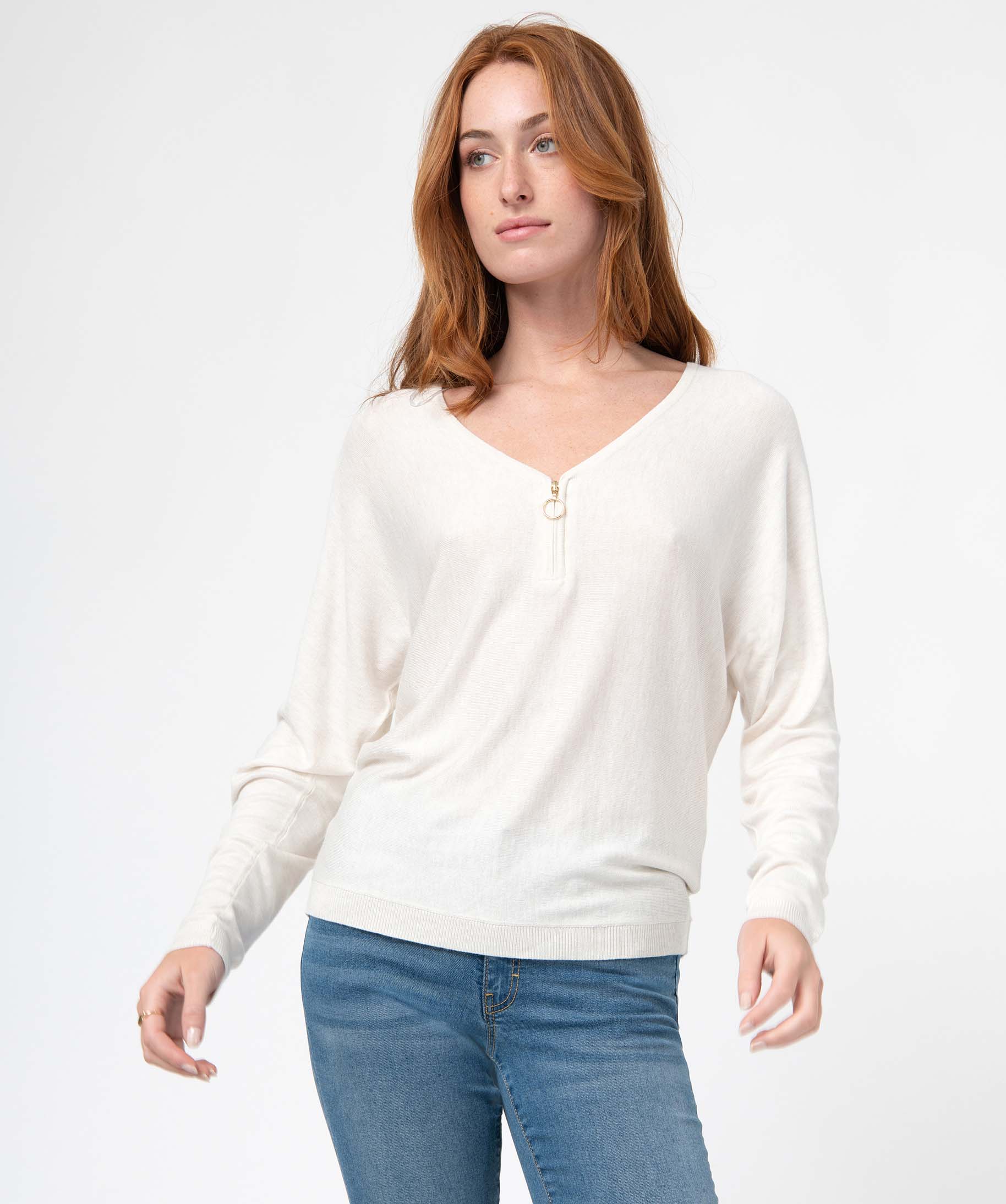 Pull col V zippé et manches chauve-souris femme ecru | GEMO