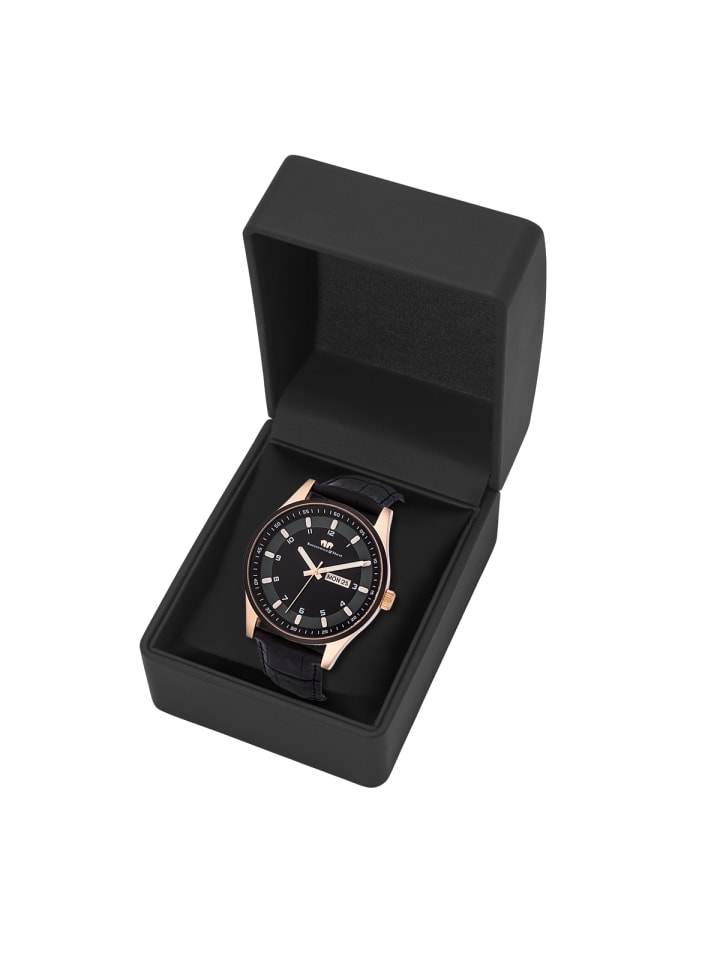 Rhodenwald & Söhne Herren Quarzuhr roségold Echtleder schwarz in schwarz günstig kaufen 20 cm
