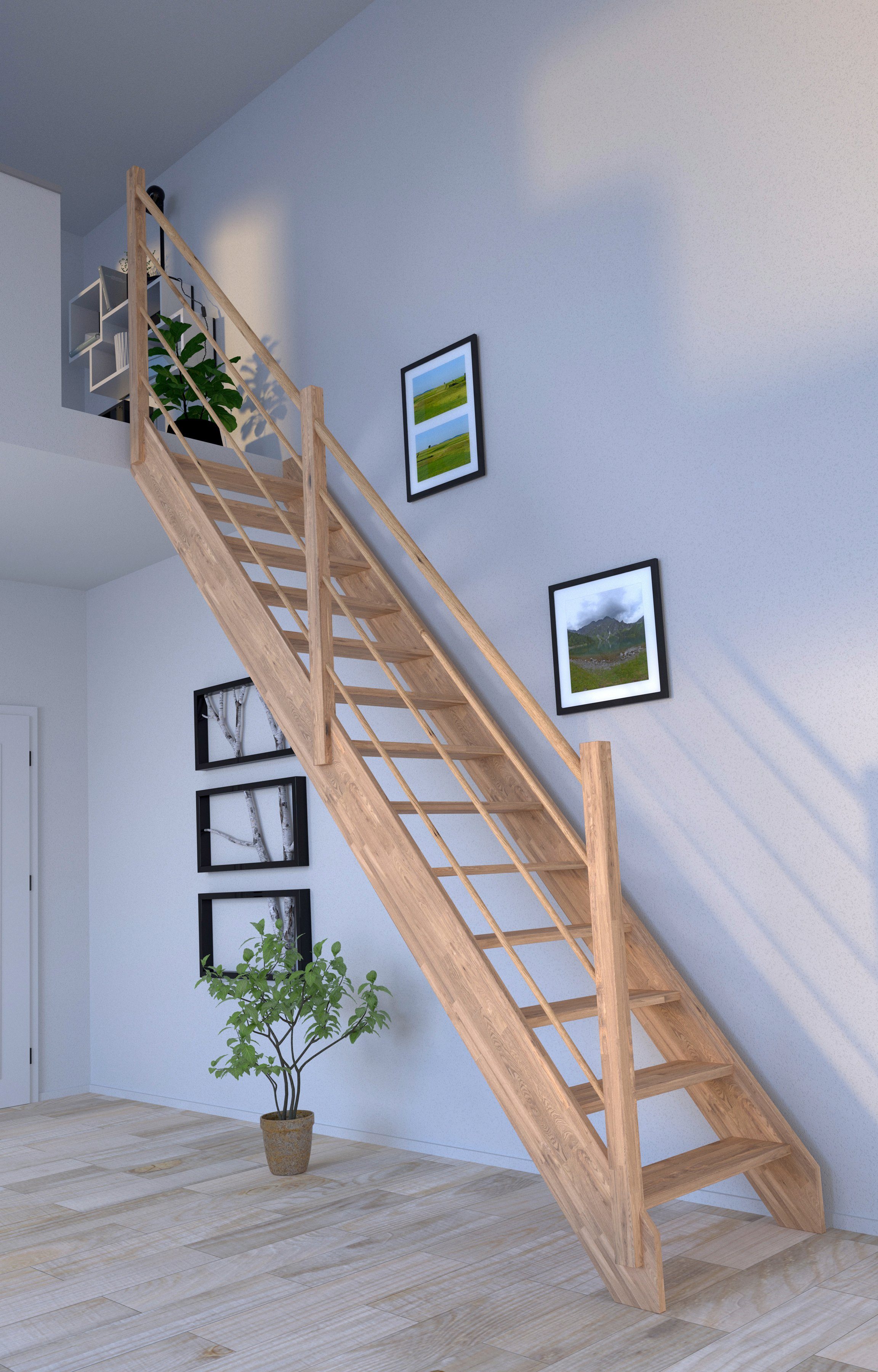 Starwood Raumspartreppe Massivholz Rhodos, Holz-Holz Design Geländer Links, für Geschosshöhen bis 300 cm, Stufen offen, Durchgehende Wangenteile