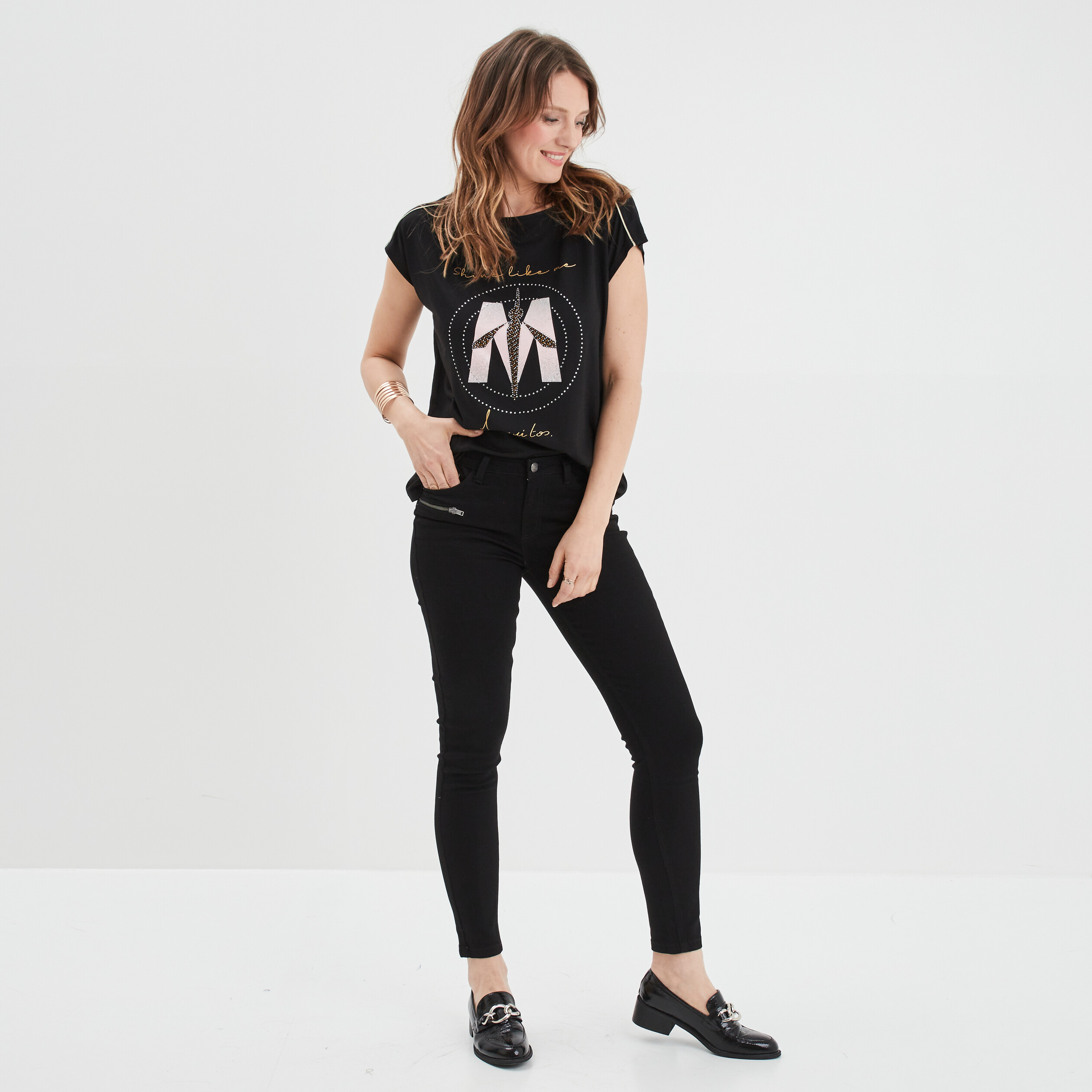 T-shirt col rond à strass Mosquitos noir femme | La Halle