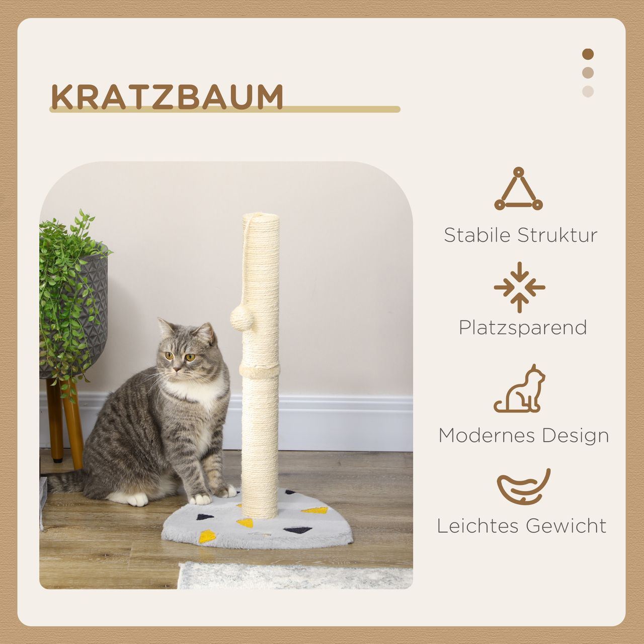 PawHut Kratzbaum, 62 cm, Kratzstamm für Katzen mit Kratzball, Katzenkratzbaum