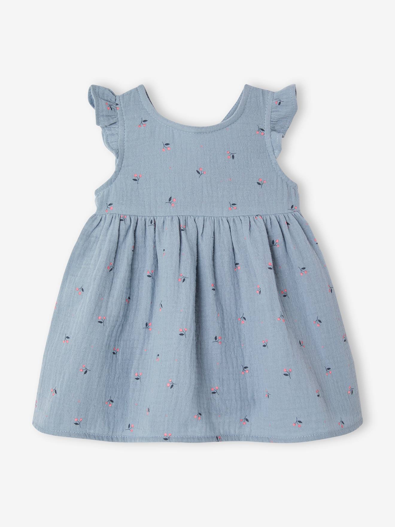Vertbaudet Baby-Set aus Musselin: Kleid & Sonnenhut - blau chambray