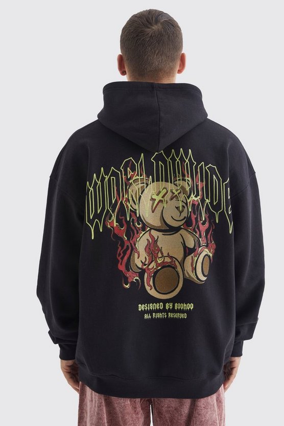 Oversize Hoodie mit Flammen Teddy Print