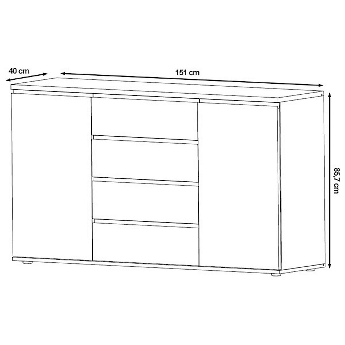 Kommode Naxos Sideboard 151x40x86cm grifflos 2-türig mit 4 Schubladen