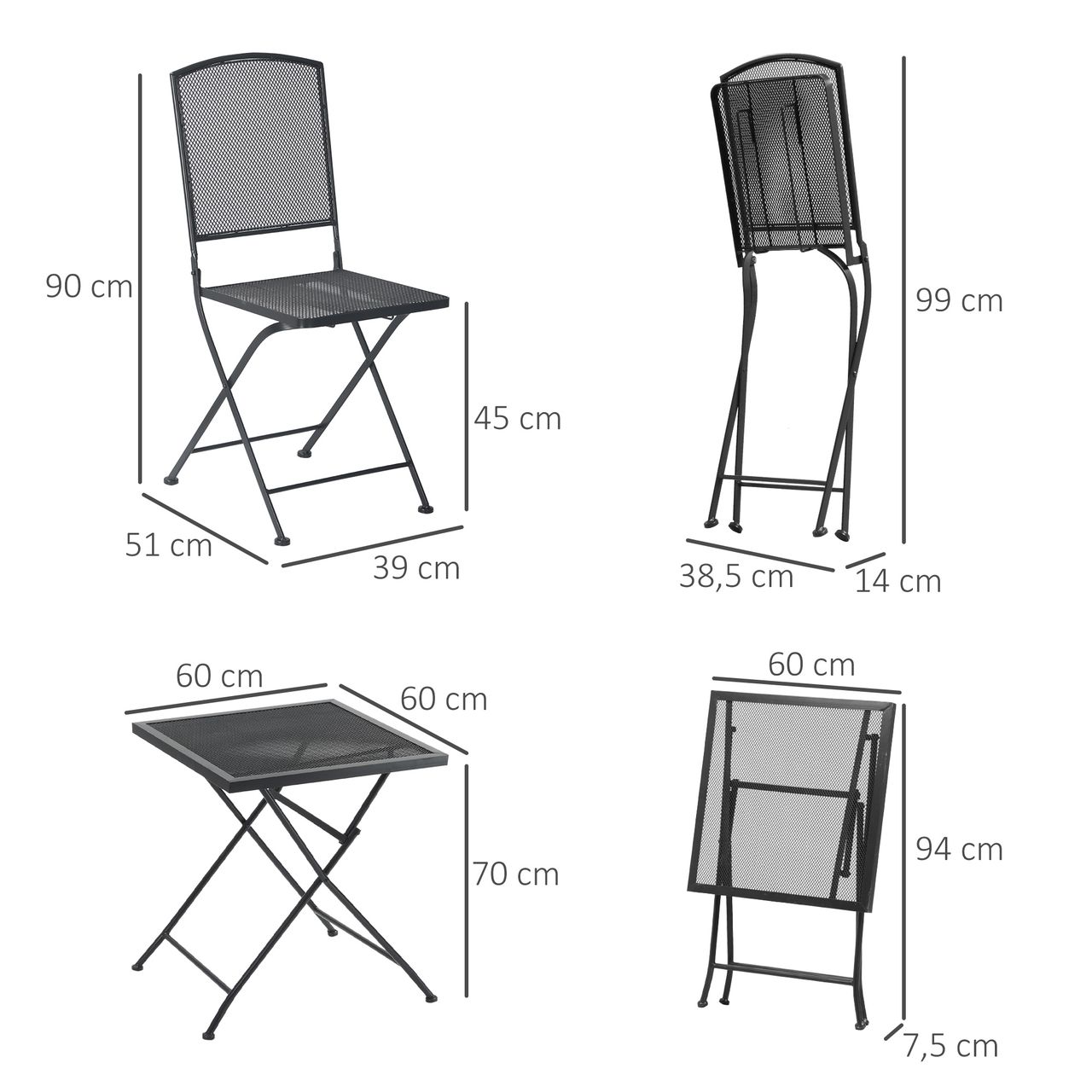 Outsunny 3-teiliges Bistro-Set Garnitur Sitzgruppe klappbar für Garten Balkon